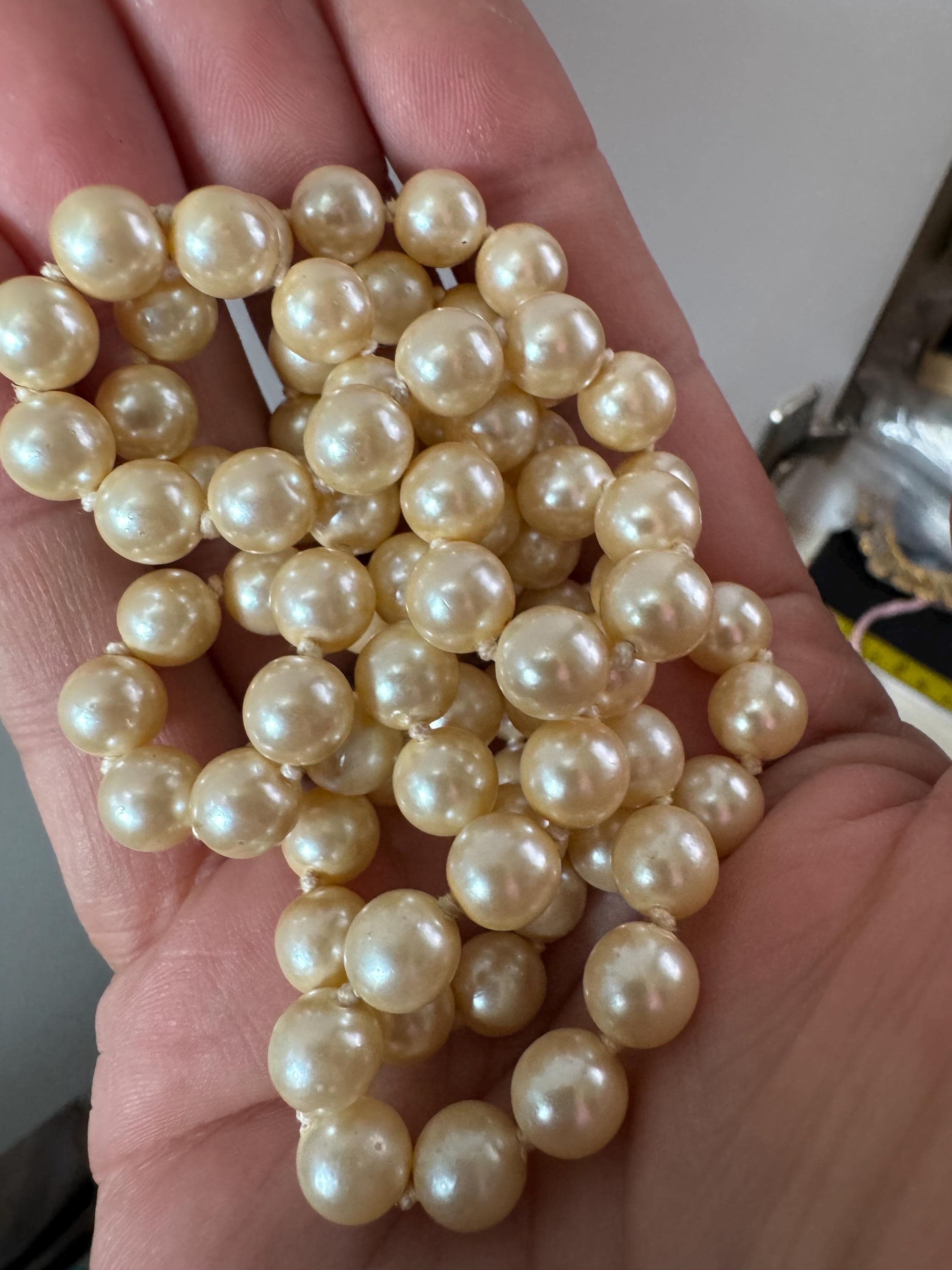 Vintage Long Faux Pearl Necklace: Cream Glass Knots, Diamante Clasp