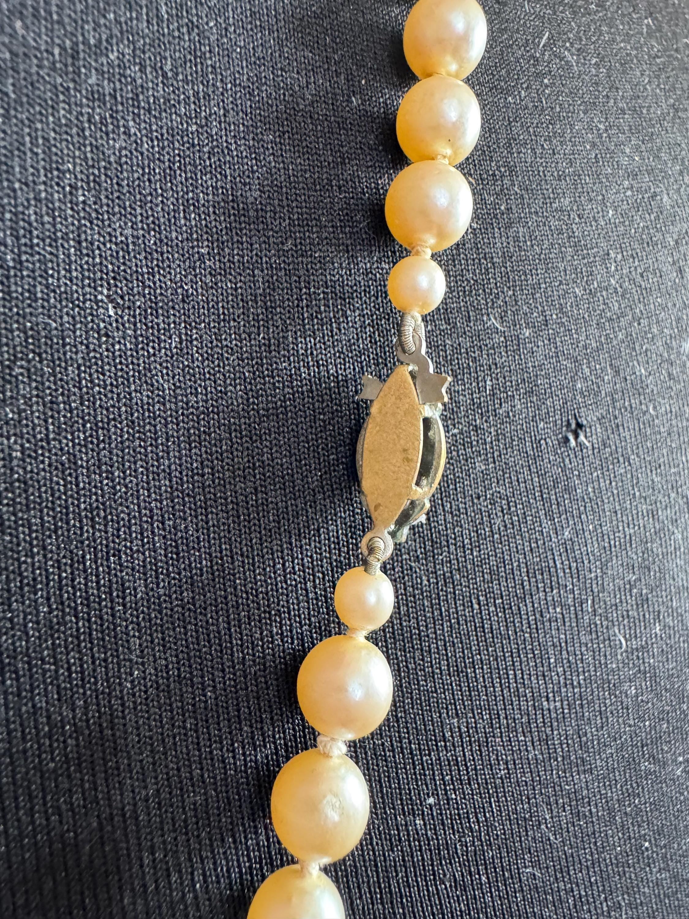 Vintage Long Faux Pearl Necklace: Cream Glass Knots, Diamante Clasp