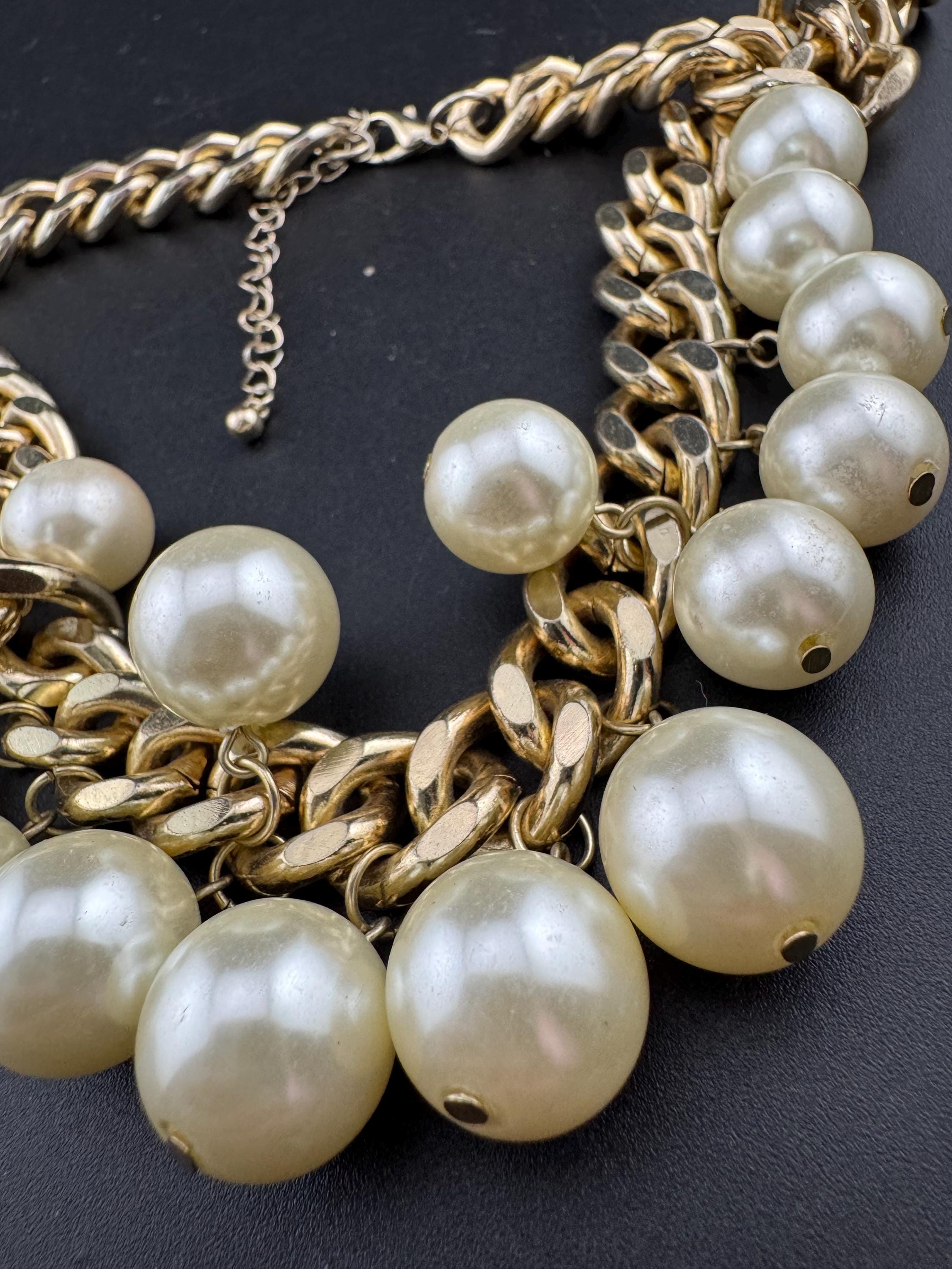 retro faux pearl multi strand beaded statement choker necklace