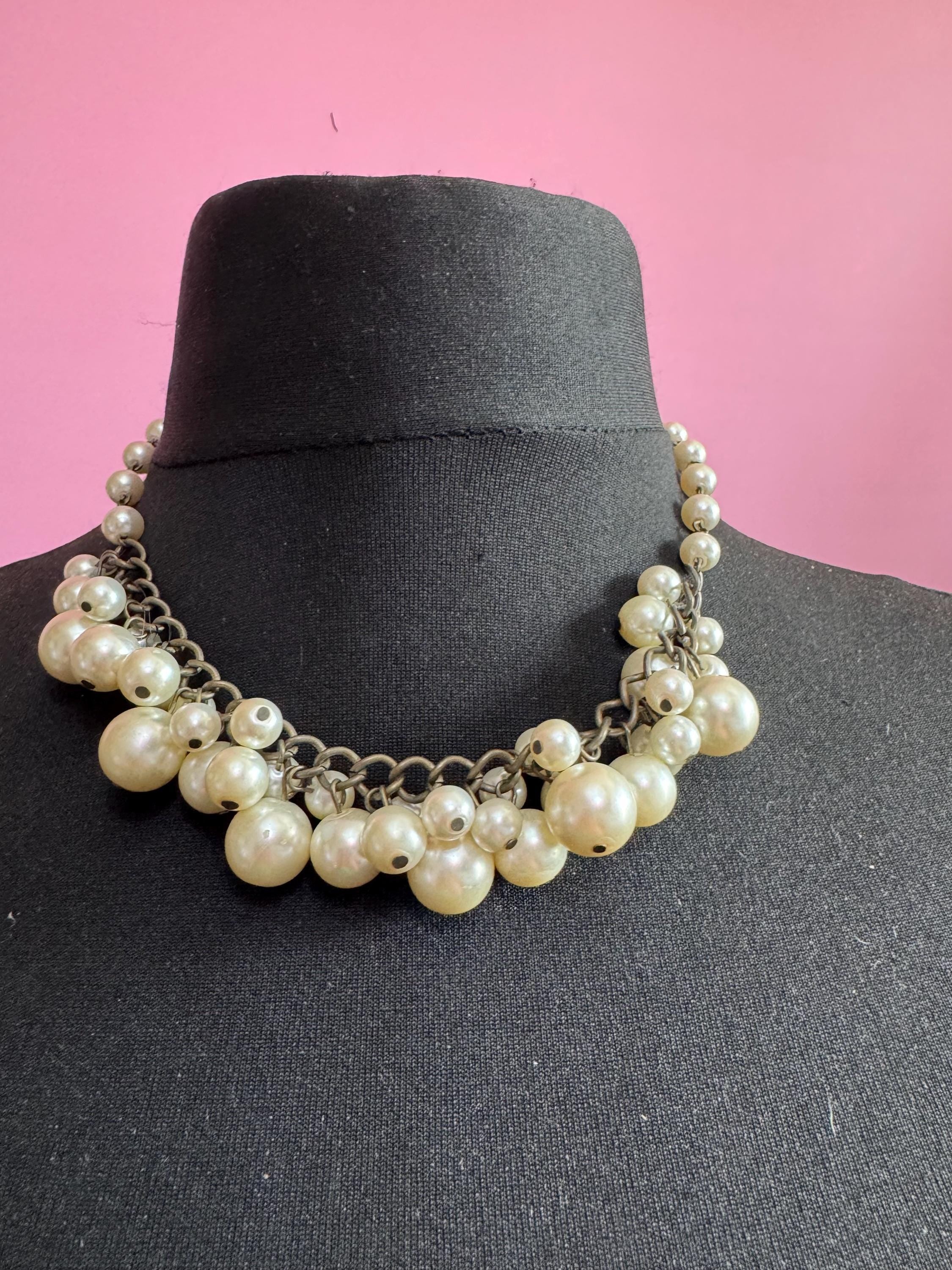 retro faux glass pearl beaded statement choker cluster necklace