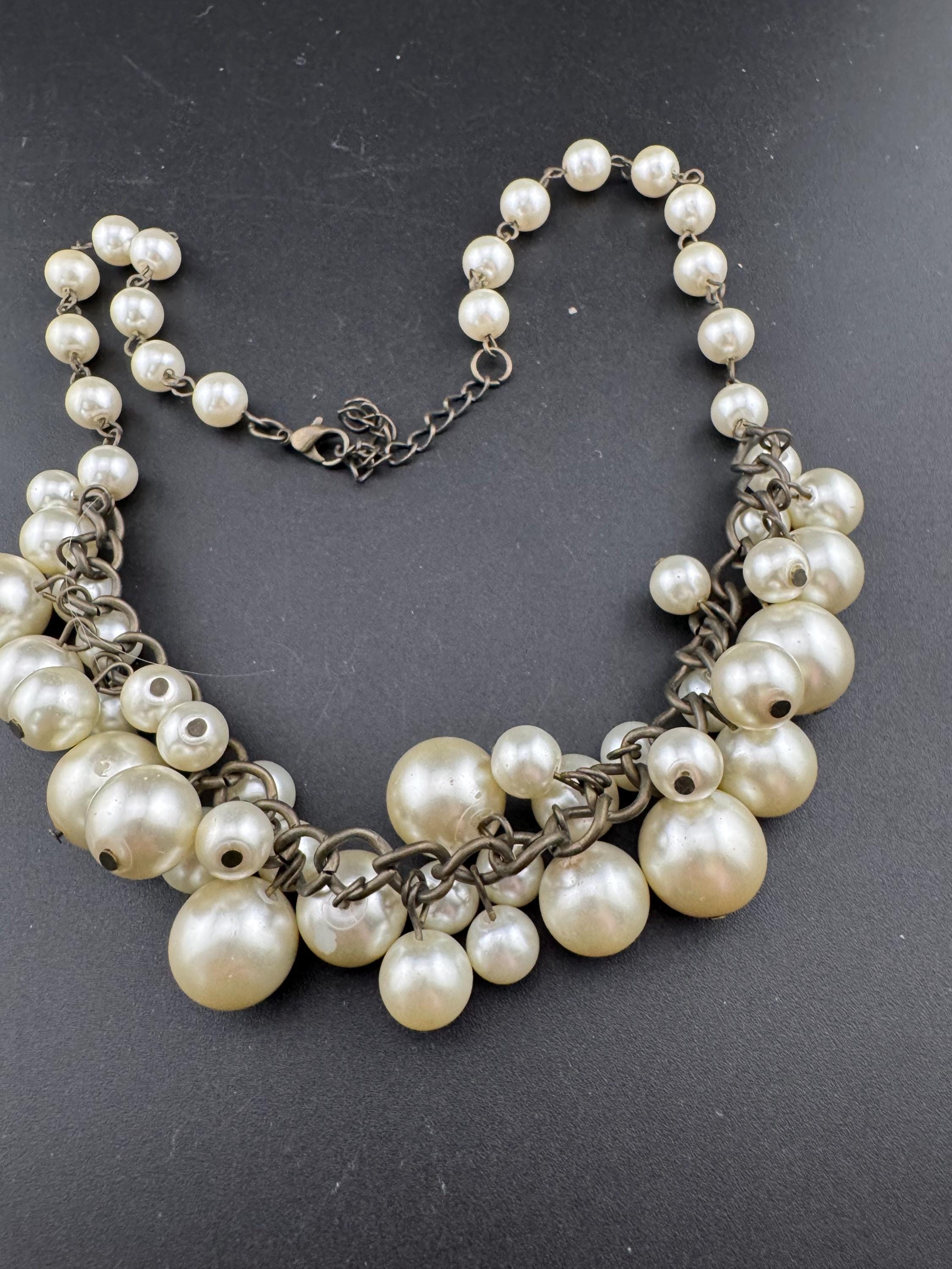 retro faux glass pearl beaded statement choker cluster necklace