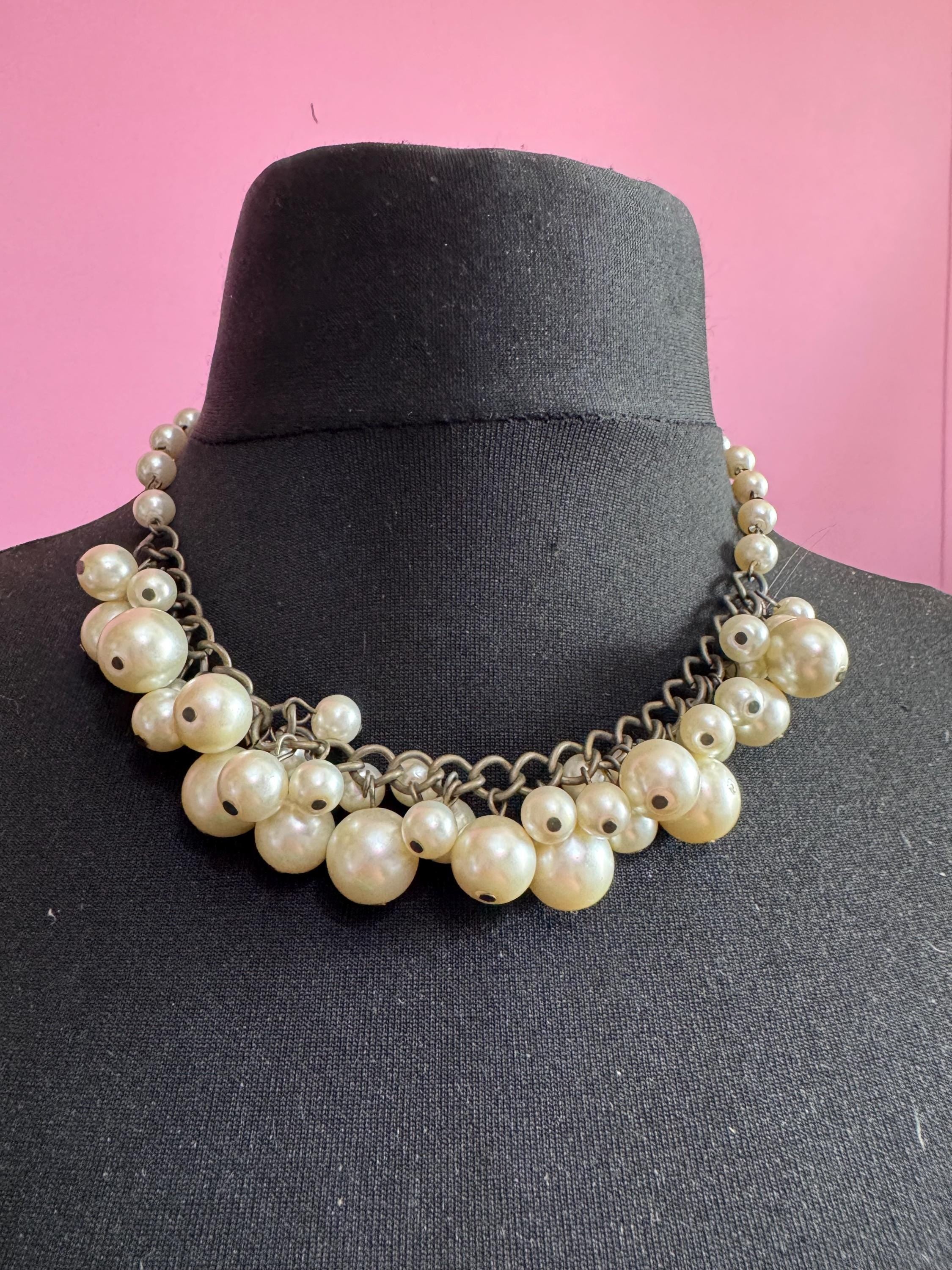 retro faux glass pearl beaded statement choker cluster necklace