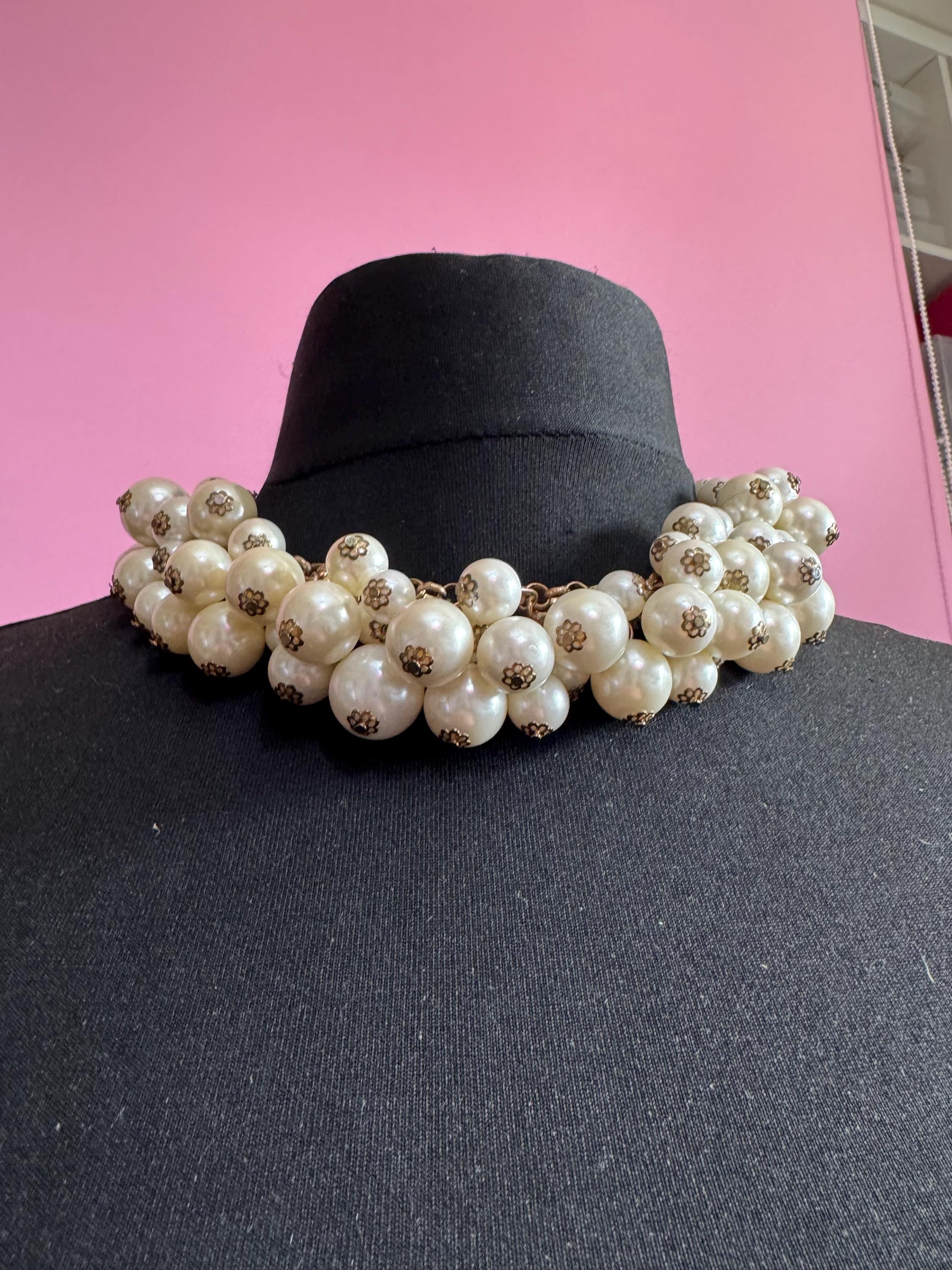 retro faux plastic chunky pearl beaded statement choker cluster necklace