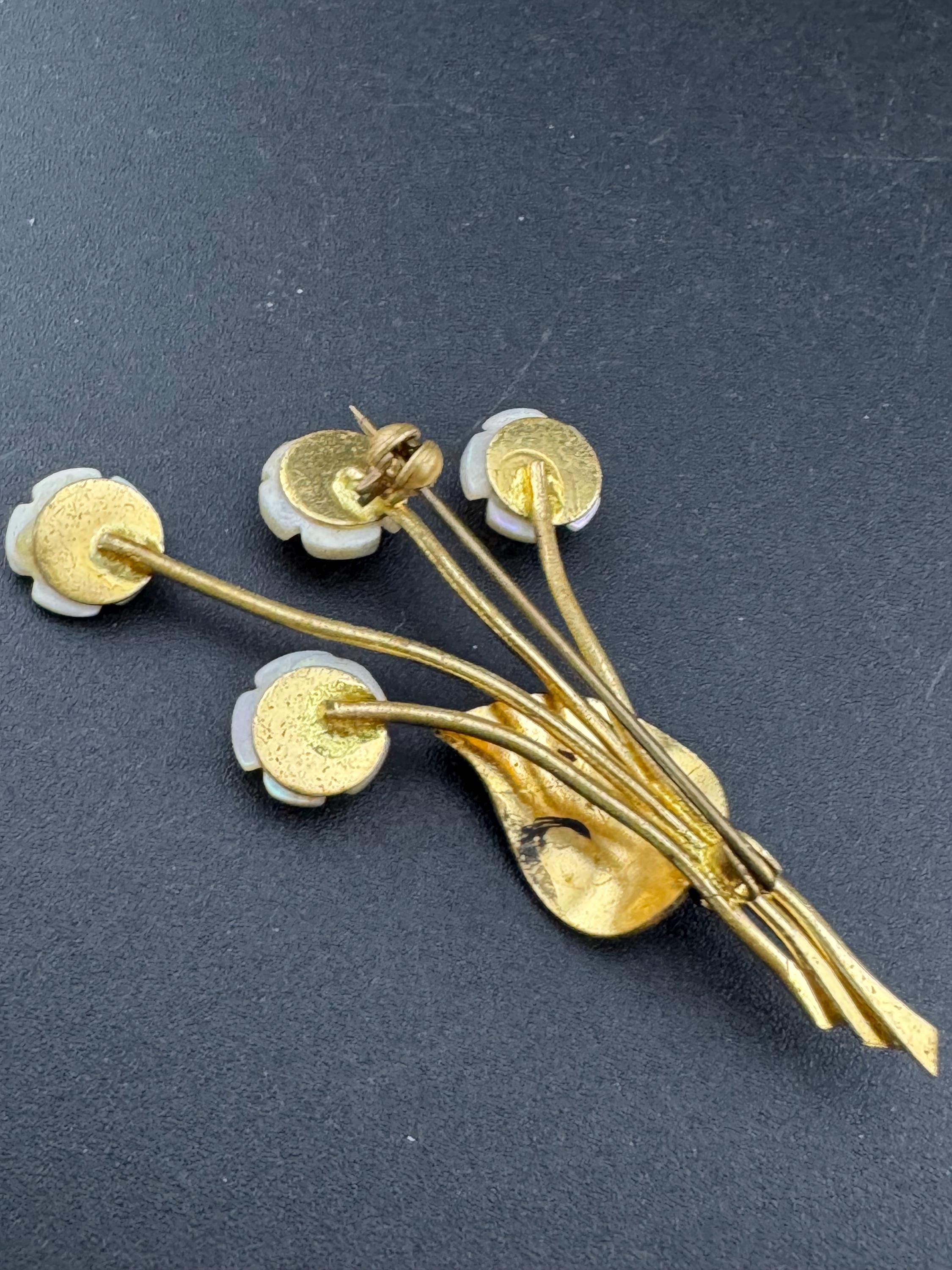 Vintage Mother of Pearl Rose Brooch: 1940s Carved Floral Gold Tone