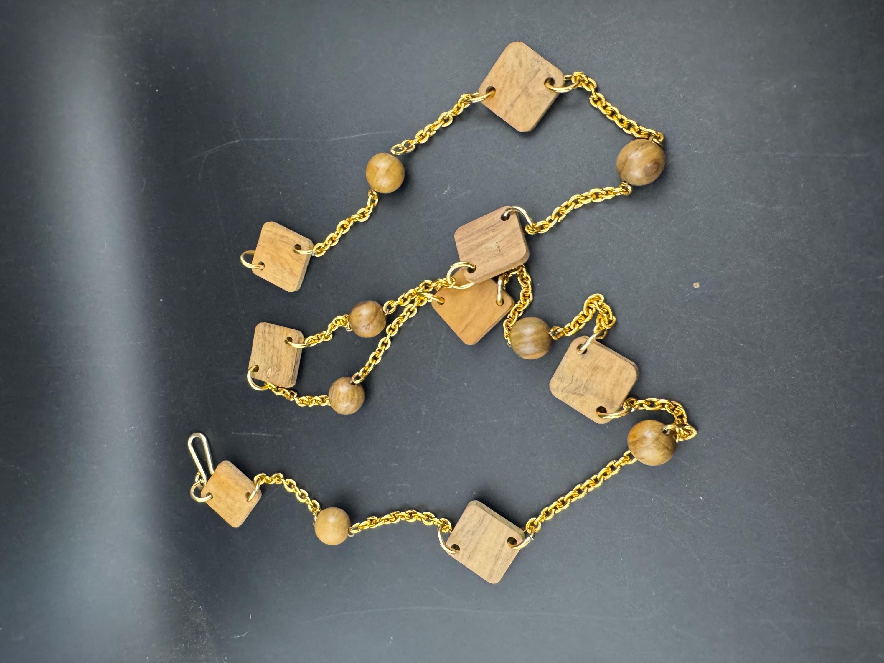 1960s To 114cm vintage brown wooden panel  link chain belt , festival boho
