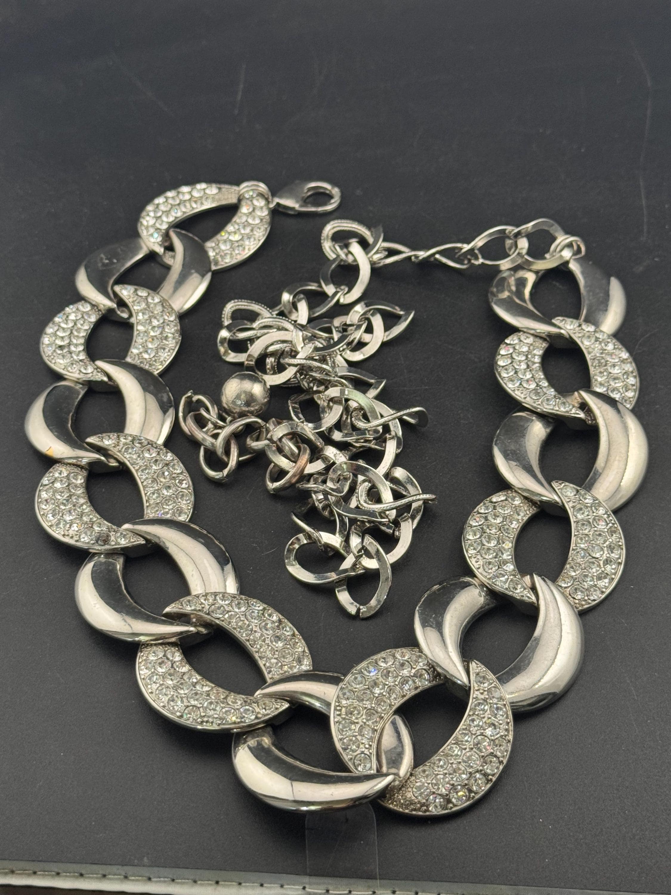 Retro Ladies silver tone clear diamanté weighty wide chain link diamanté crystal belt adjustable to 115cm