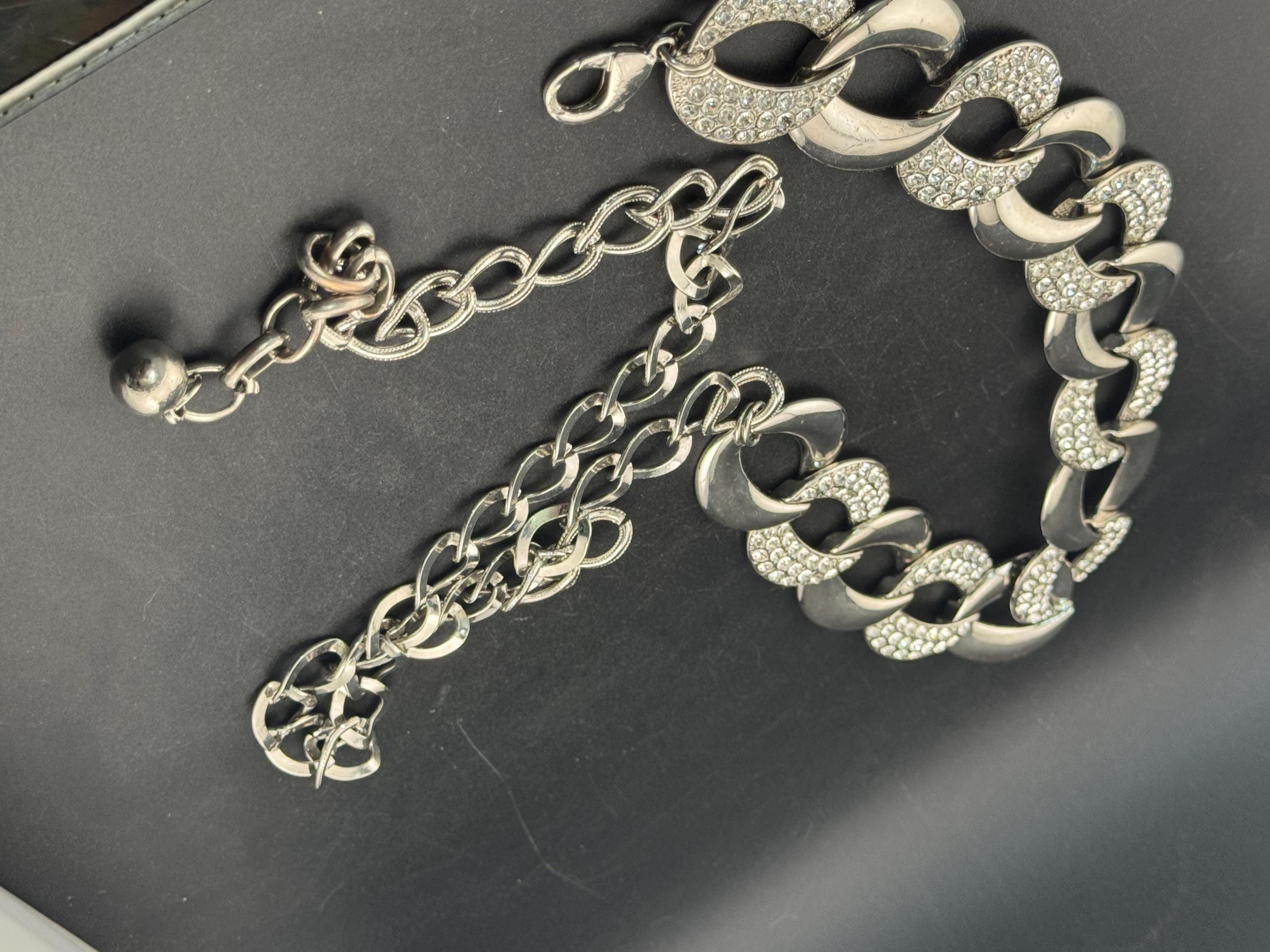 Retro Ladies silver tone clear diamanté weighty wide chain link diamanté crystal belt adjustable to 115cm