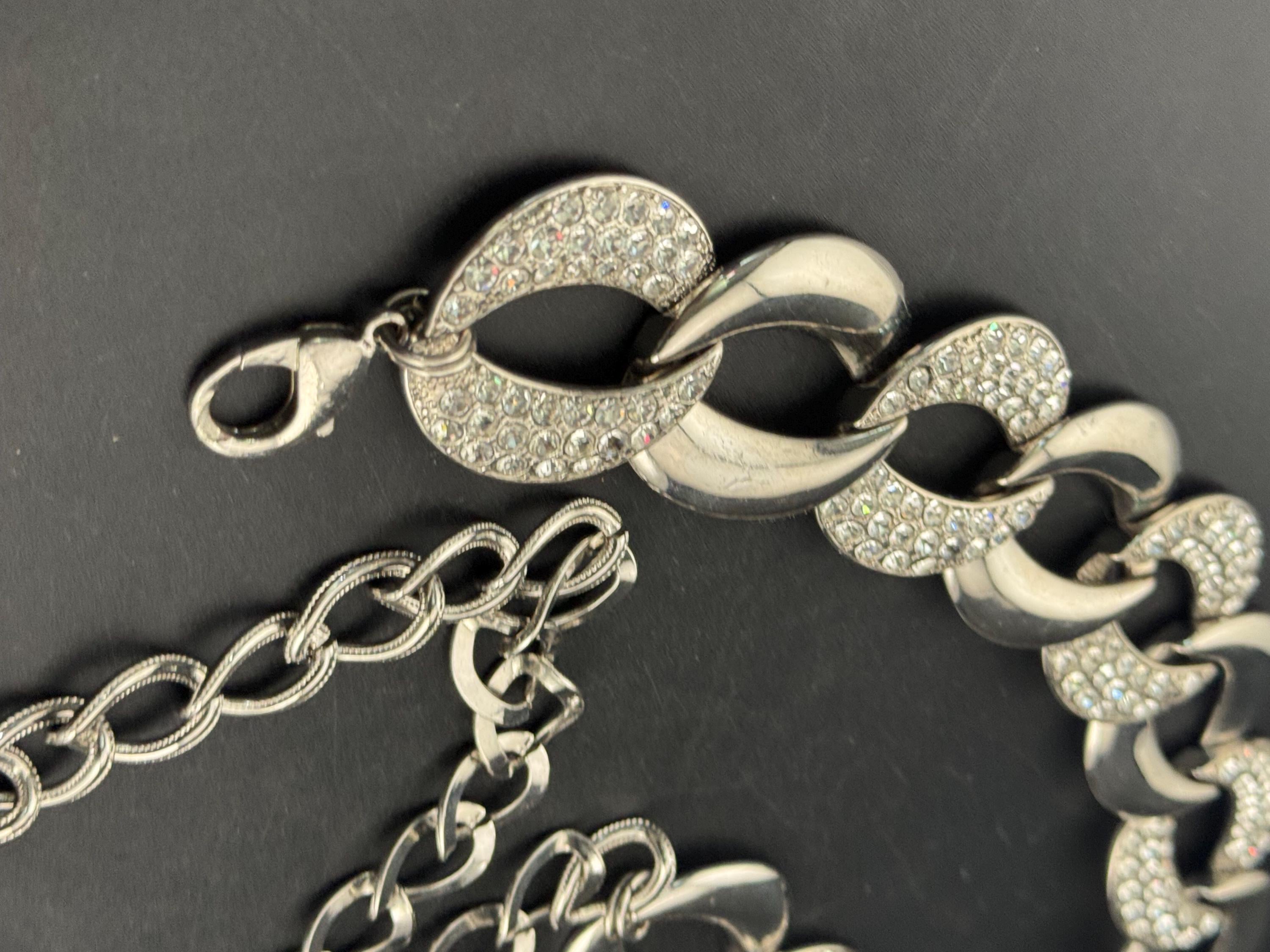 Retro Ladies silver tone clear diamanté weighty wide chain link diamanté crystal belt adjustable to 115cm