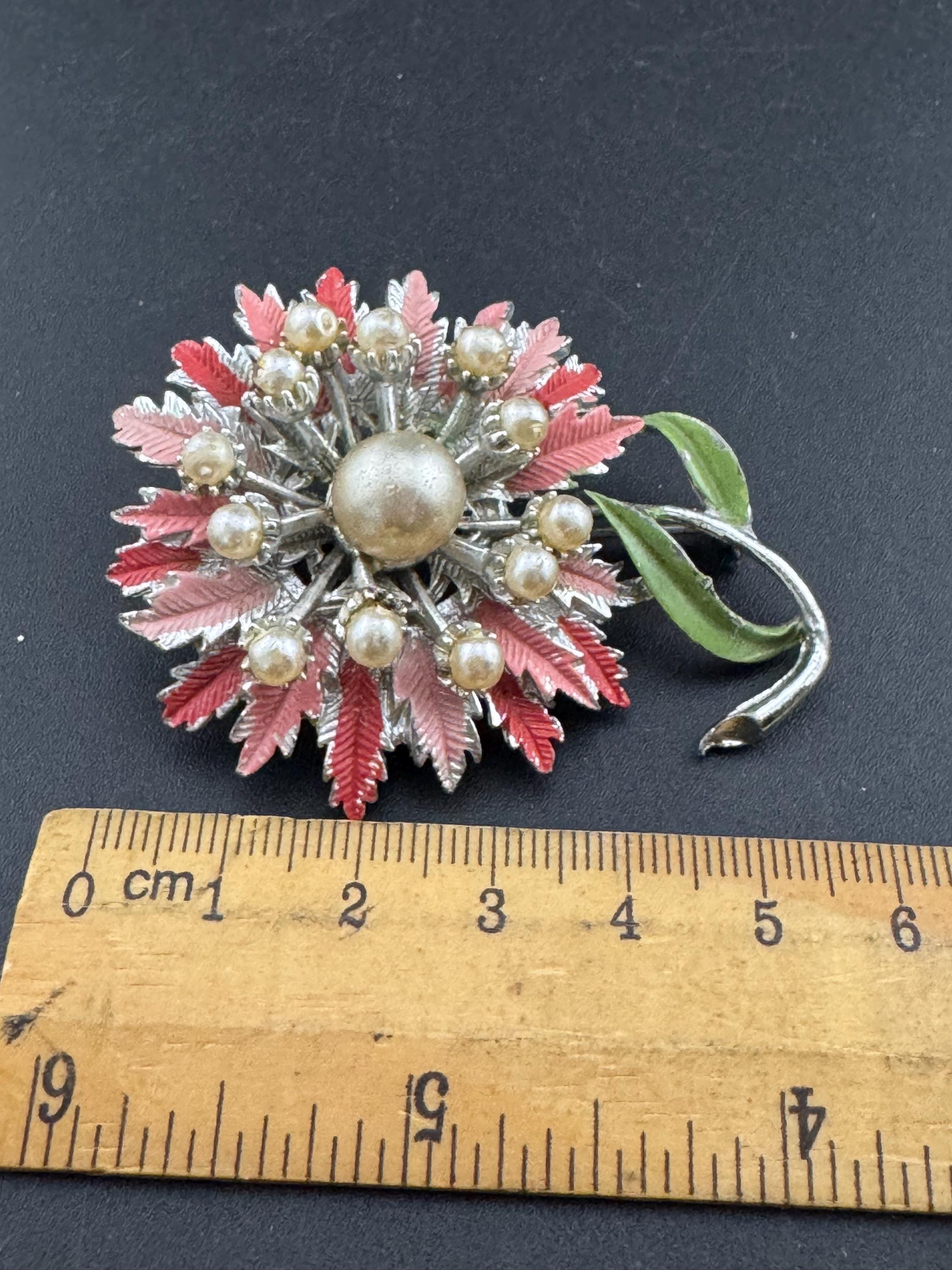 Vintage Pink Enamel Flower Brooch: Mid Century Silver Tone Faux Pearl