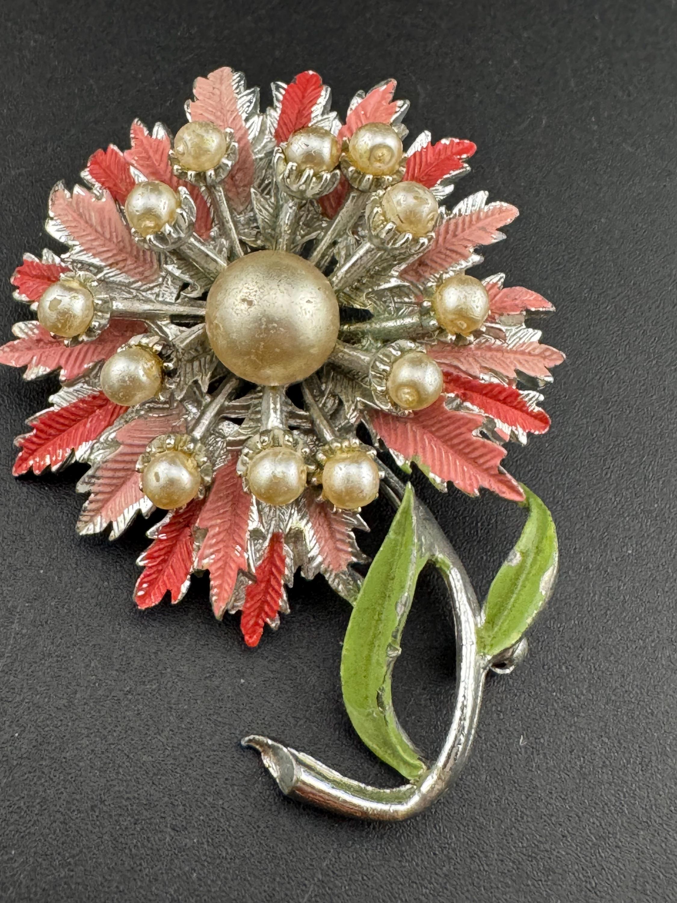 Vintage Pink Enamel Flower Brooch: Mid Century Silver Tone Faux Pearl