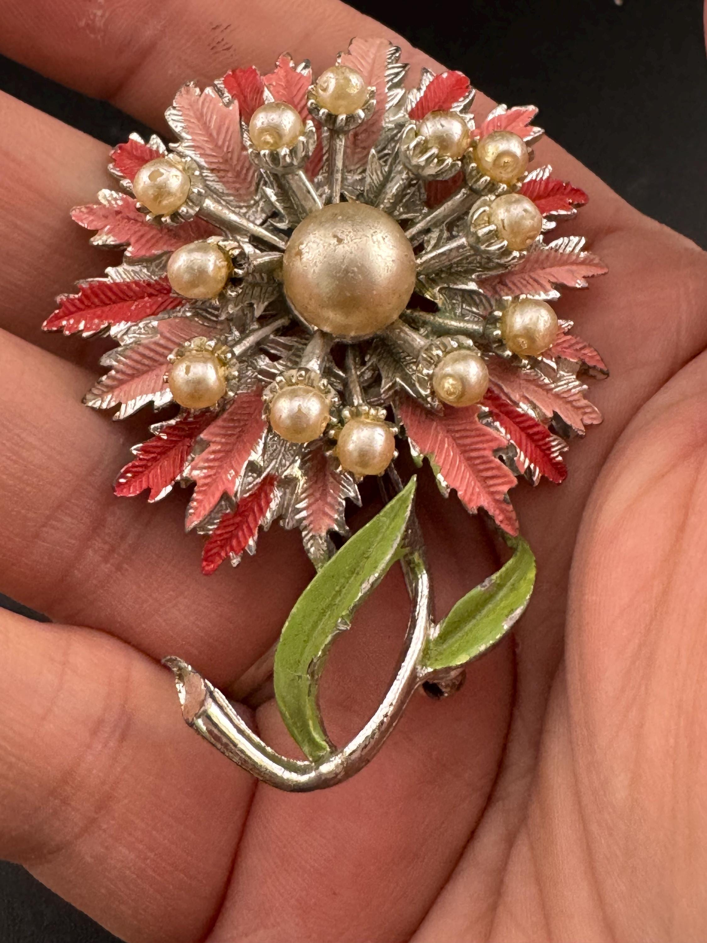 Vintage Pink Enamel Flower Brooch: Mid Century Silver Tone Faux Pearl