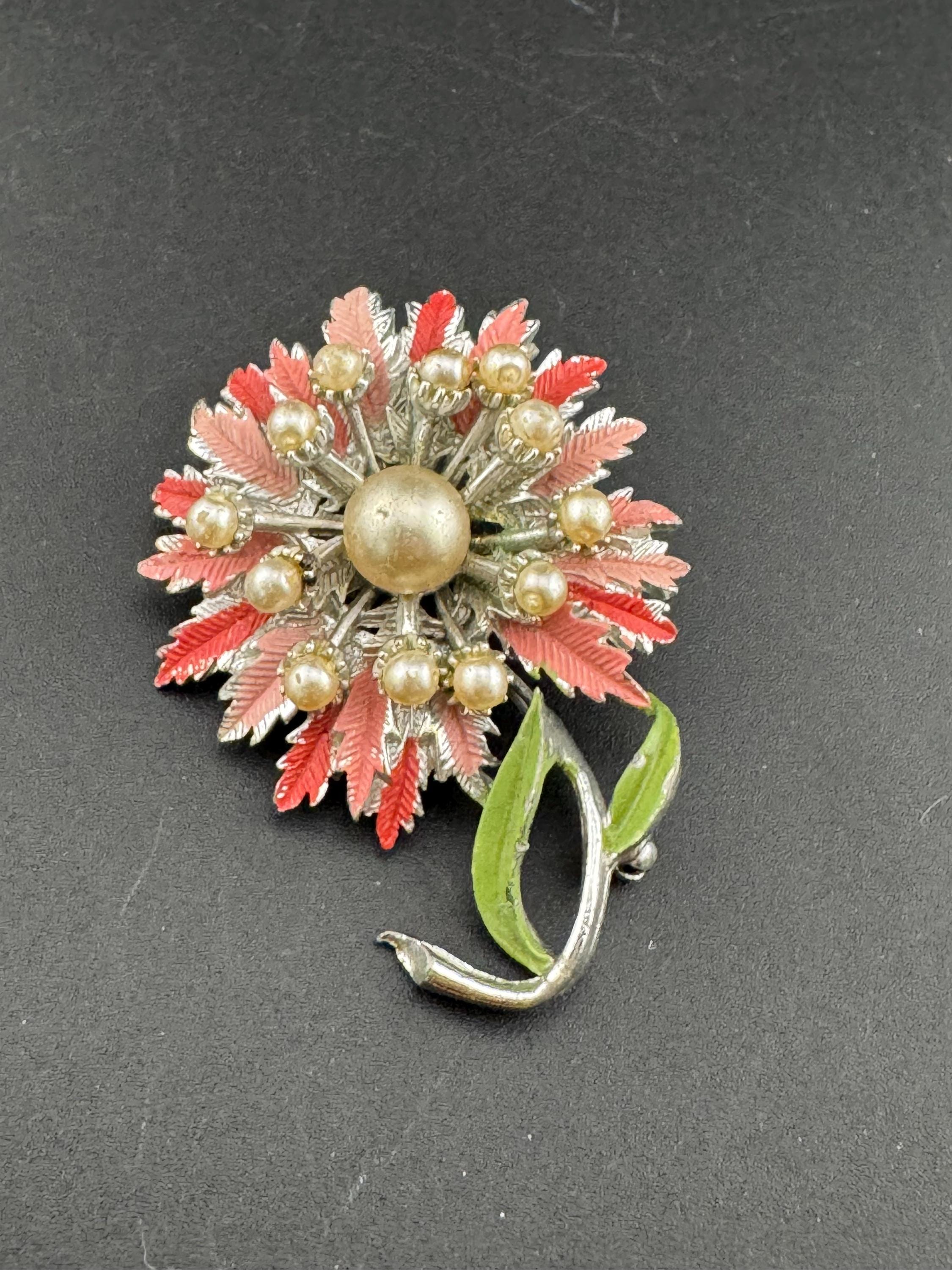 Vintage Pink Enamel Flower Brooch: Mid Century Silver Tone Faux Pearl