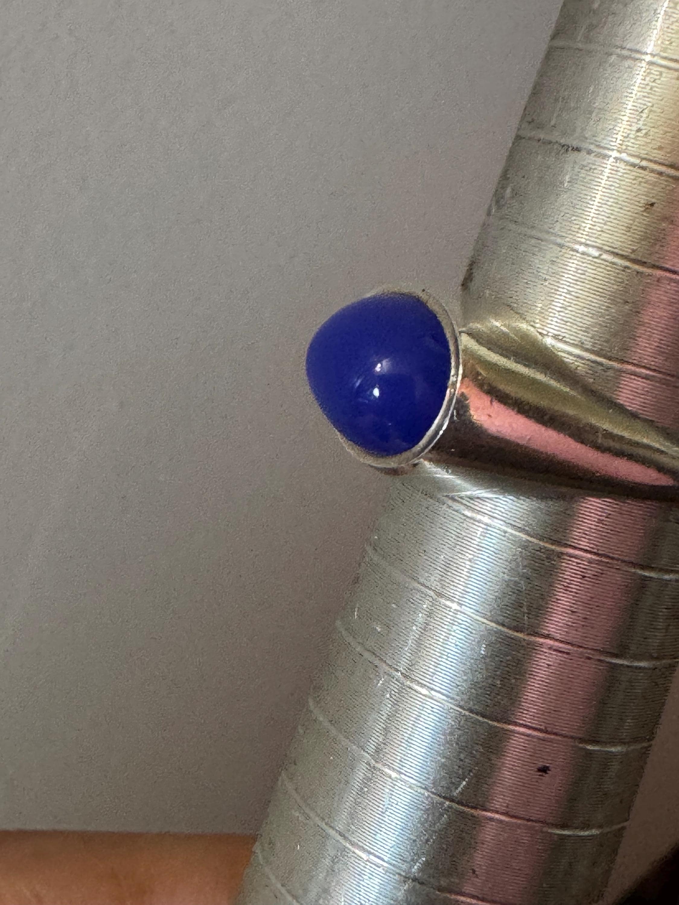Uk Size R.5 modernist 925 Sterling silver ring with blue oval gemstone,
