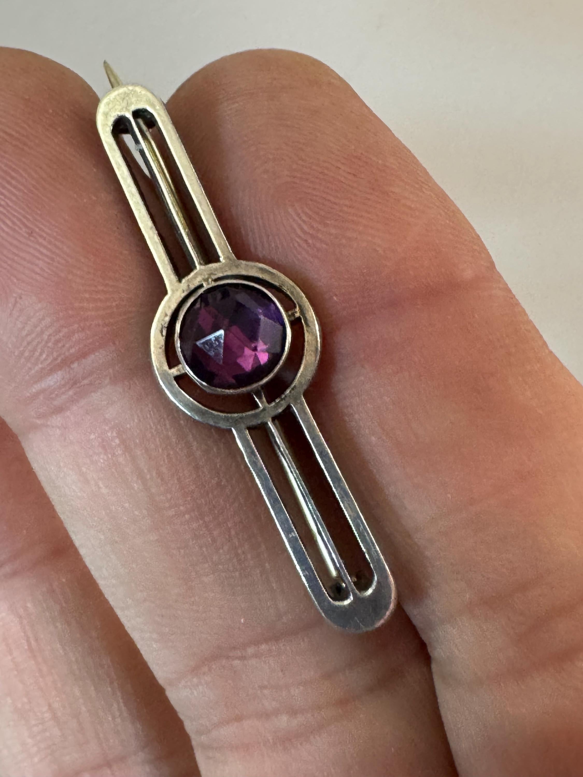 Vintage art nouveau 925 silver geometric bar brooch amethyst purple gemstone