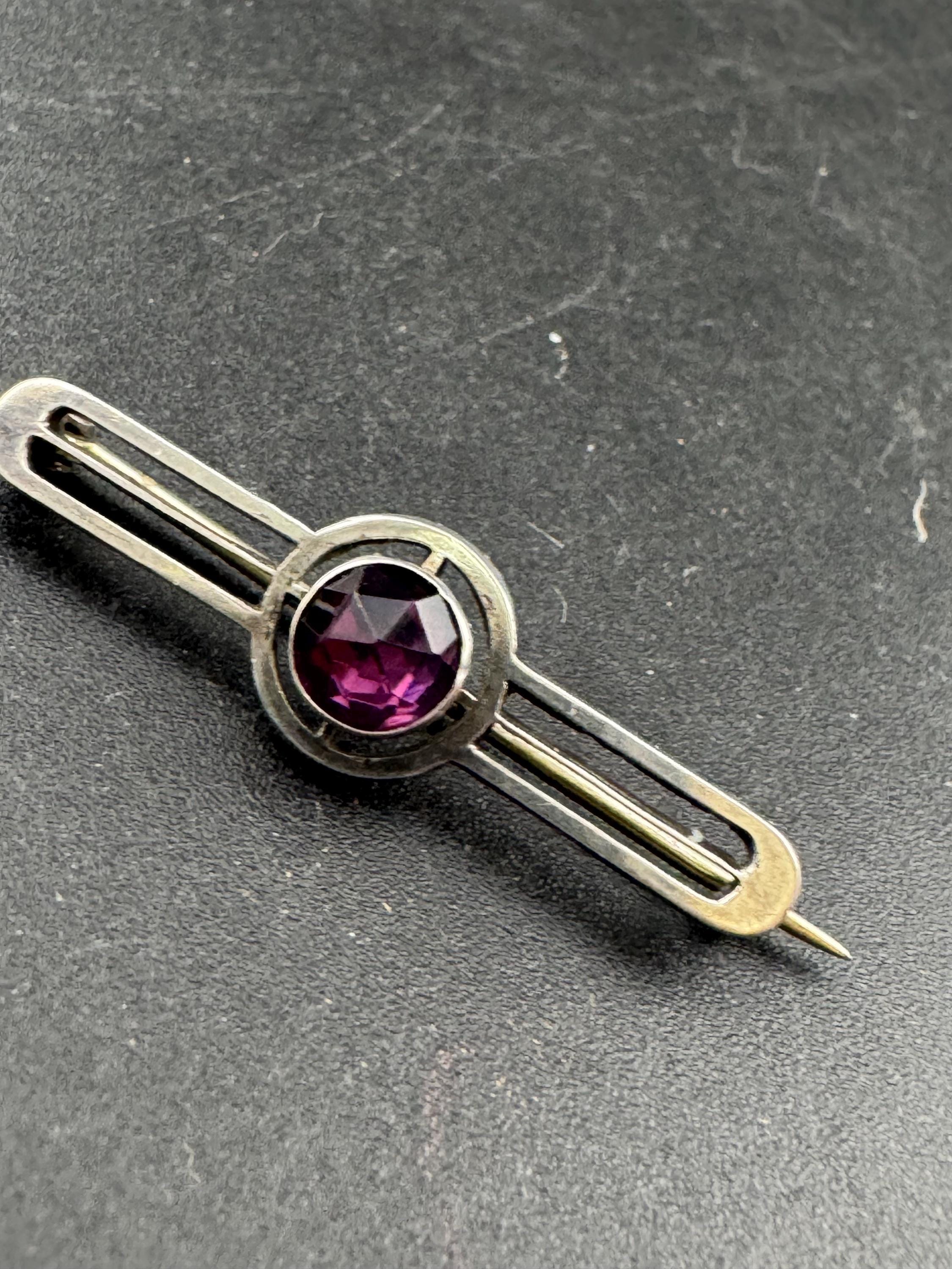 Vintage art nouveau 925 silver geometric bar brooch amethyst purple gemstone