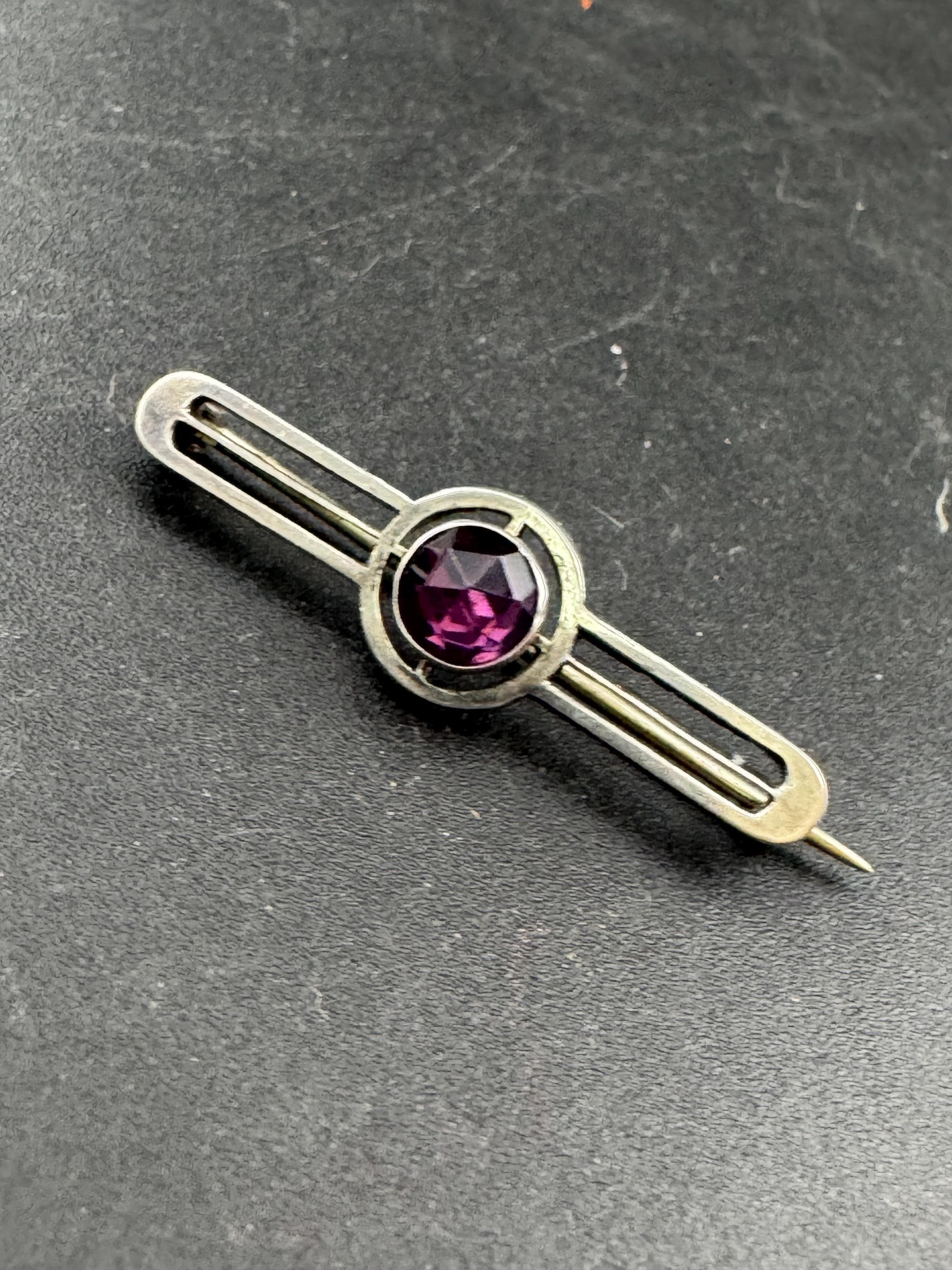 Vintage art nouveau 925 silver geometric bar brooch amethyst purple gemstone