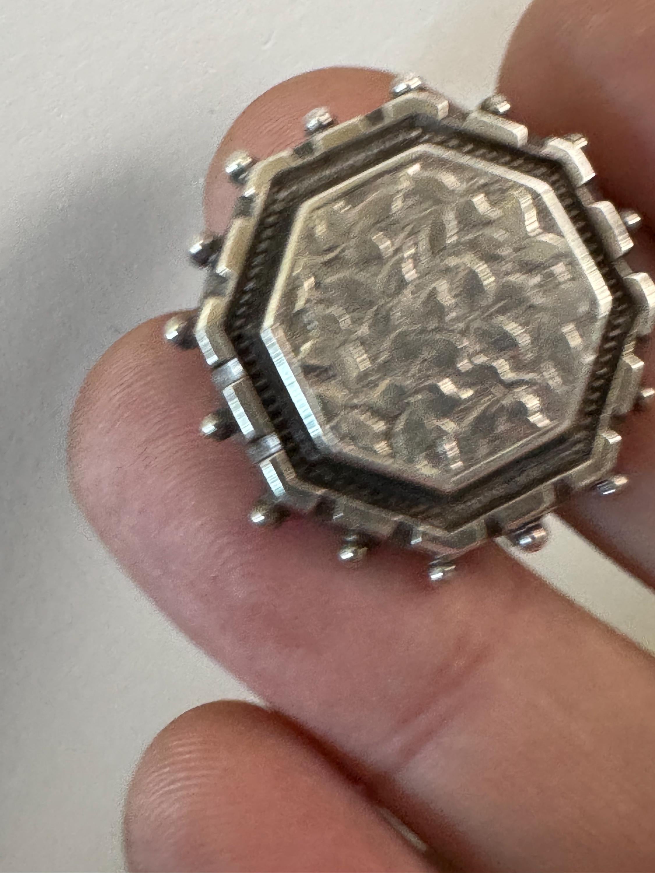 Victorian Etched Sterling Silver Brooch: Antique Hexagon Pin