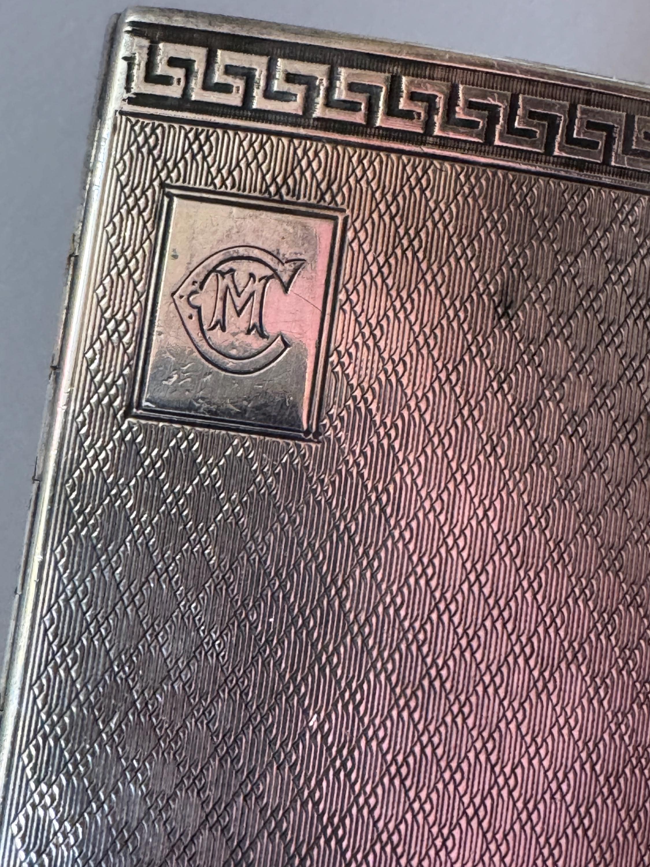 Antique 1926 Birmingham Sterling silver cigarette case with Greek key design and monogram 67.29 grams