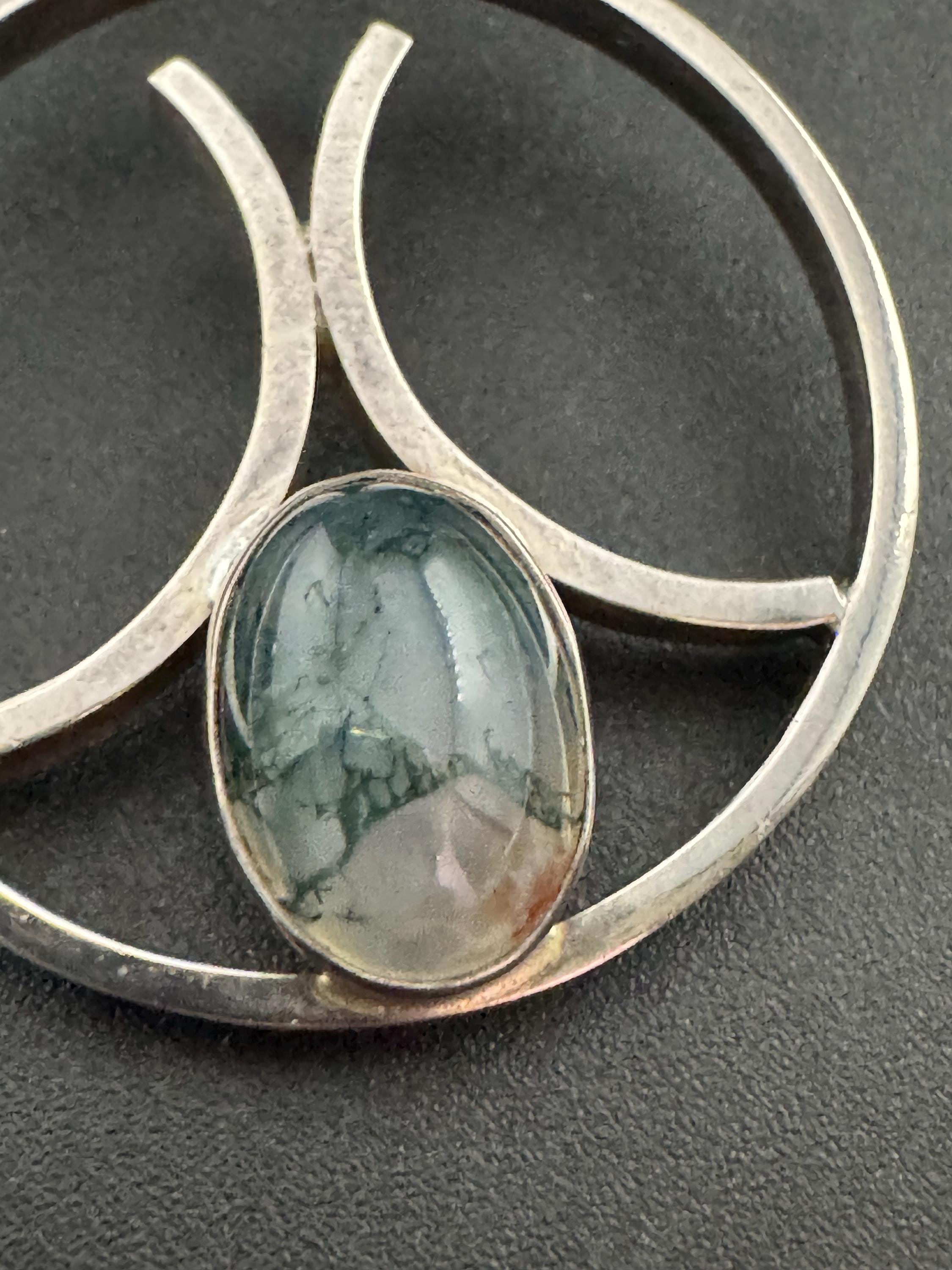 Vintage Moss Agate Sterling Silver Pendant: Malcolm Gray Edinburgh 1976