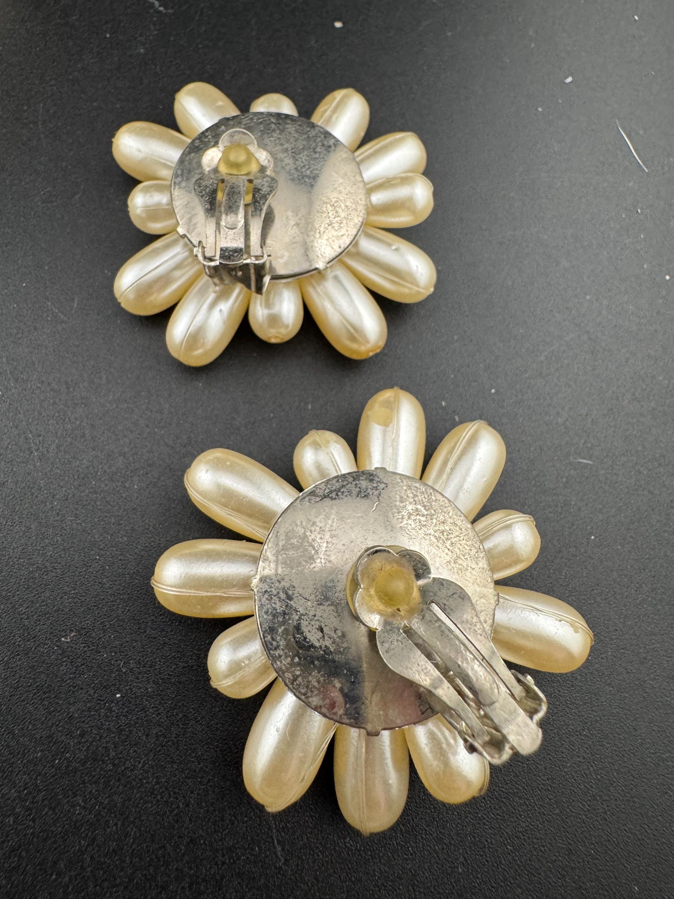 Oversized floral faux pearl cluster earrings with diamanté 5cm plastic