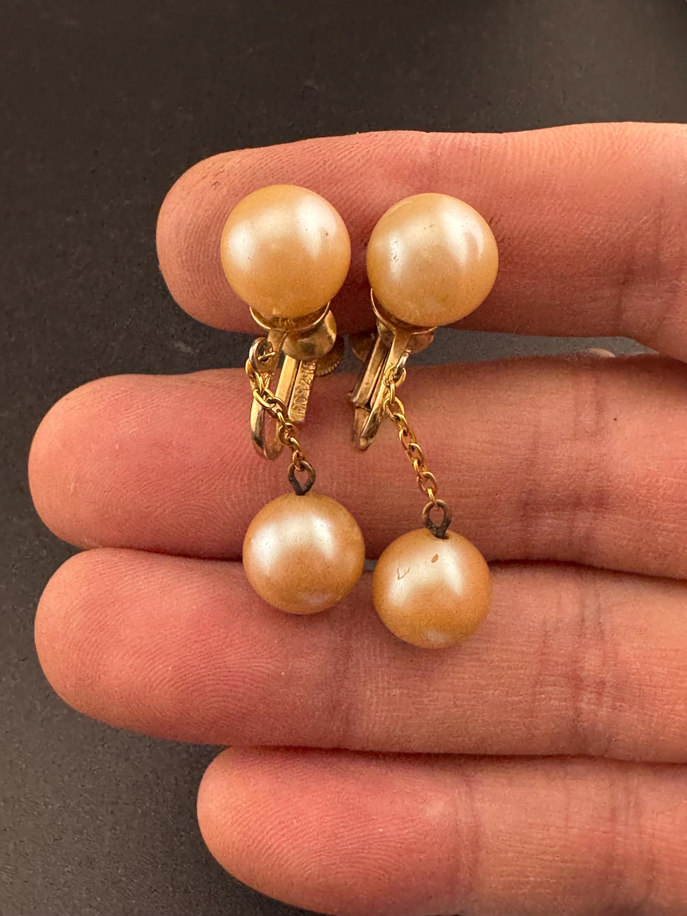 vintage cream ivory pearl ball drop dropper fine chain earrings Screw Back fitting 1930s 1940s