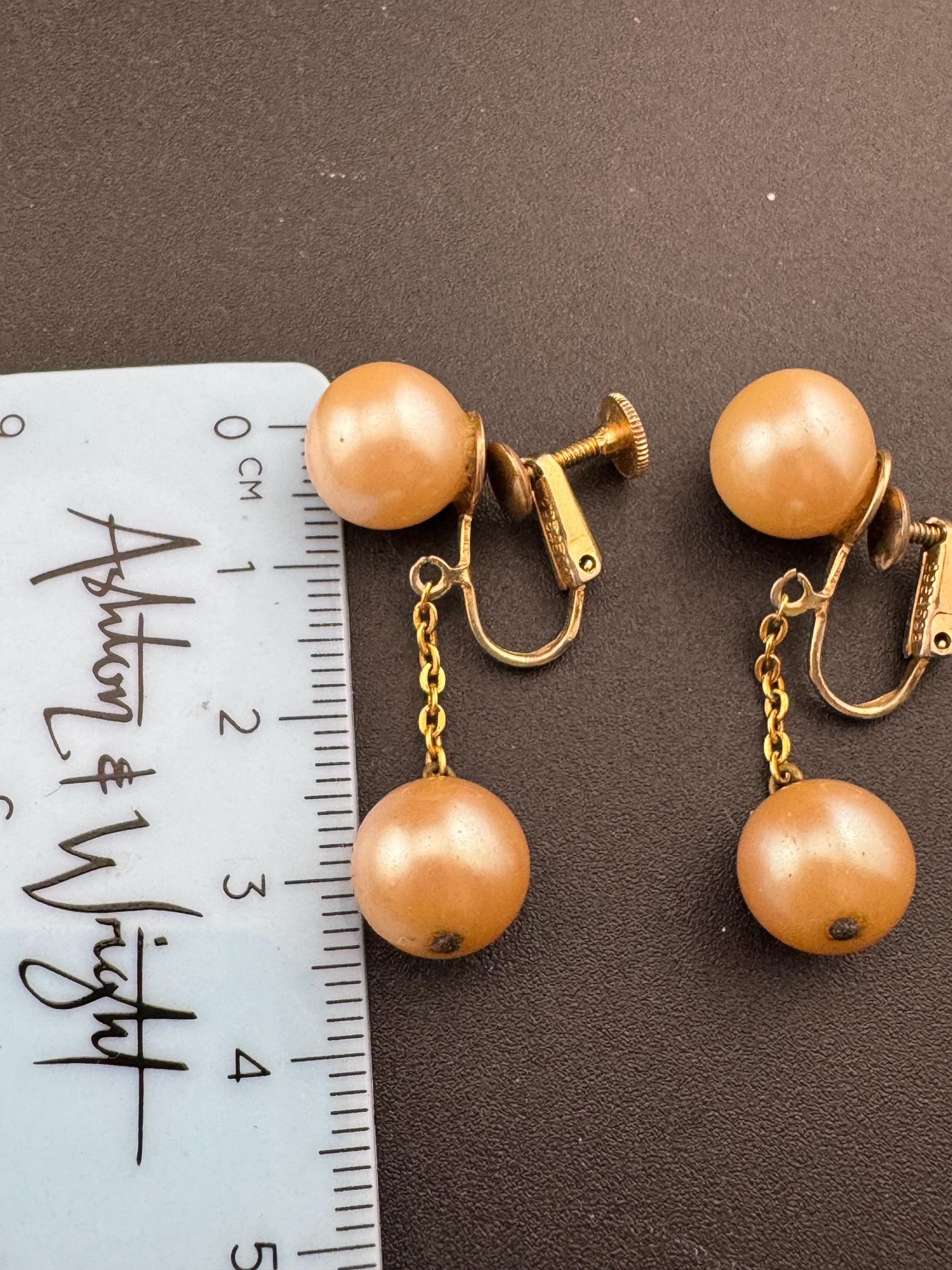 vintage cream ivory pearl ball drop dropper fine chain earrings Screw Back fitting 1930s 1940s