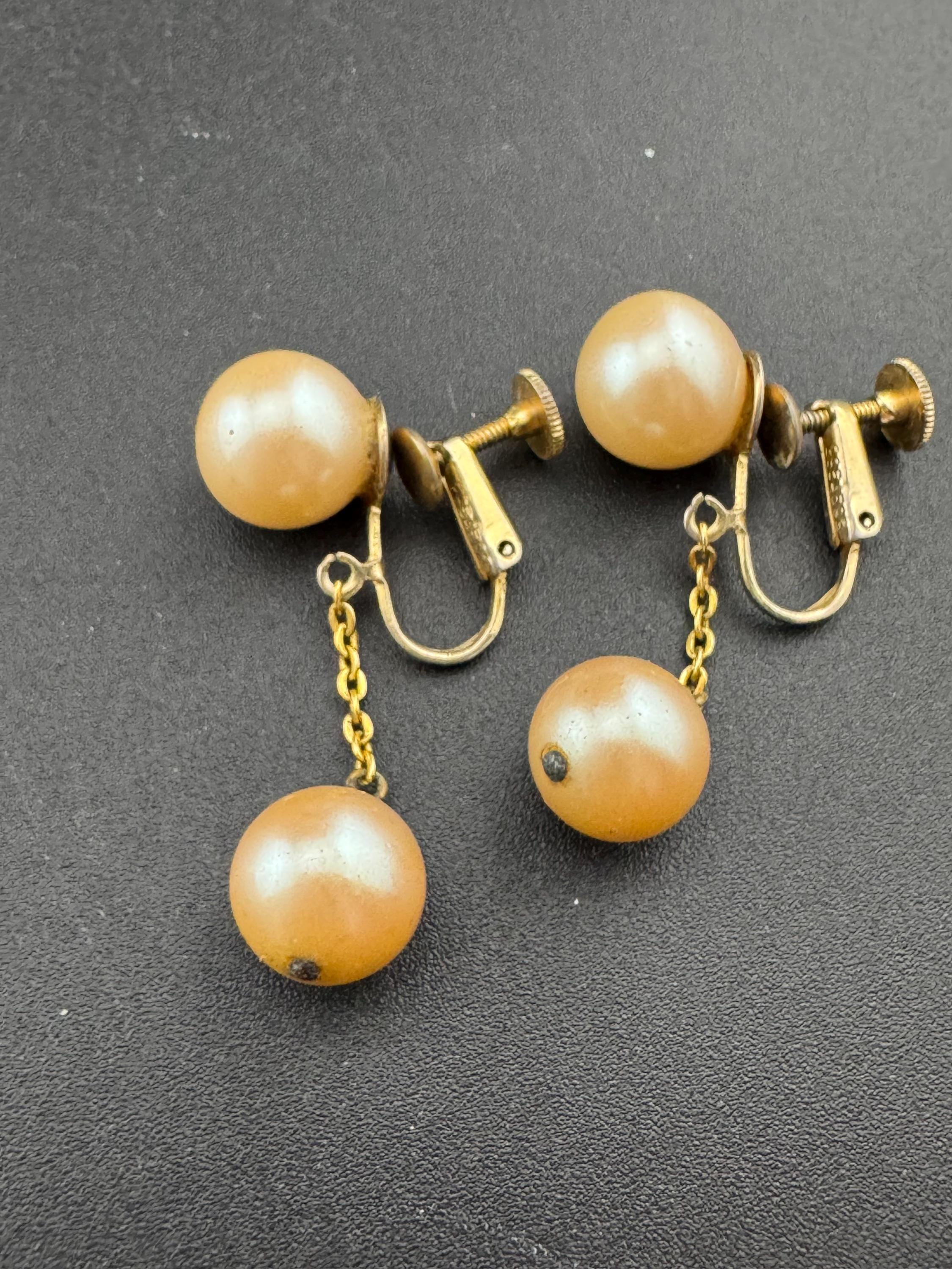 vintage cream ivory pearl ball drop dropper fine chain earrings Screw Back fitting 1930s 1940s