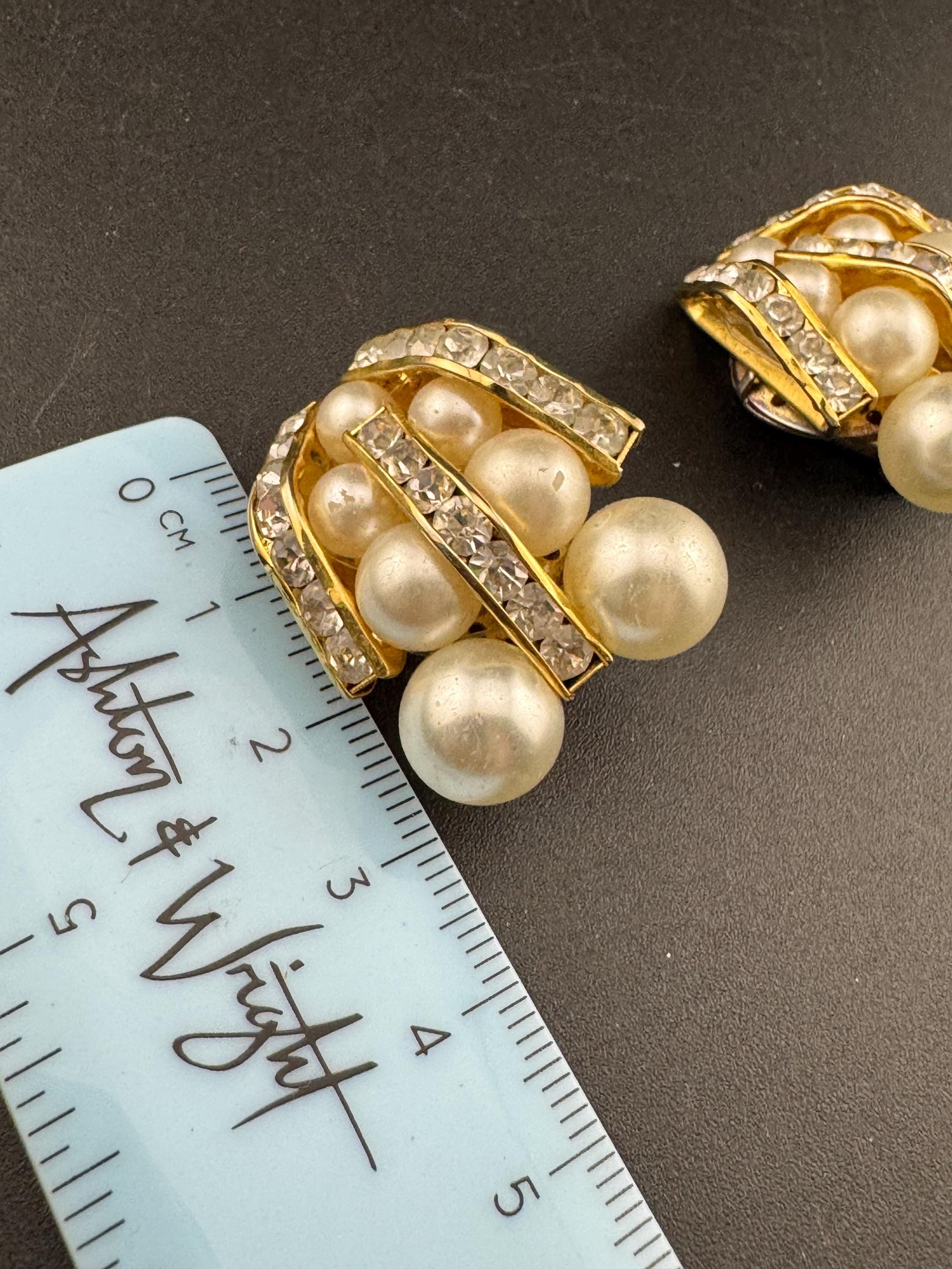 Vintage White Pearl channel set rhinestone ornate high end stud clip on Earrings