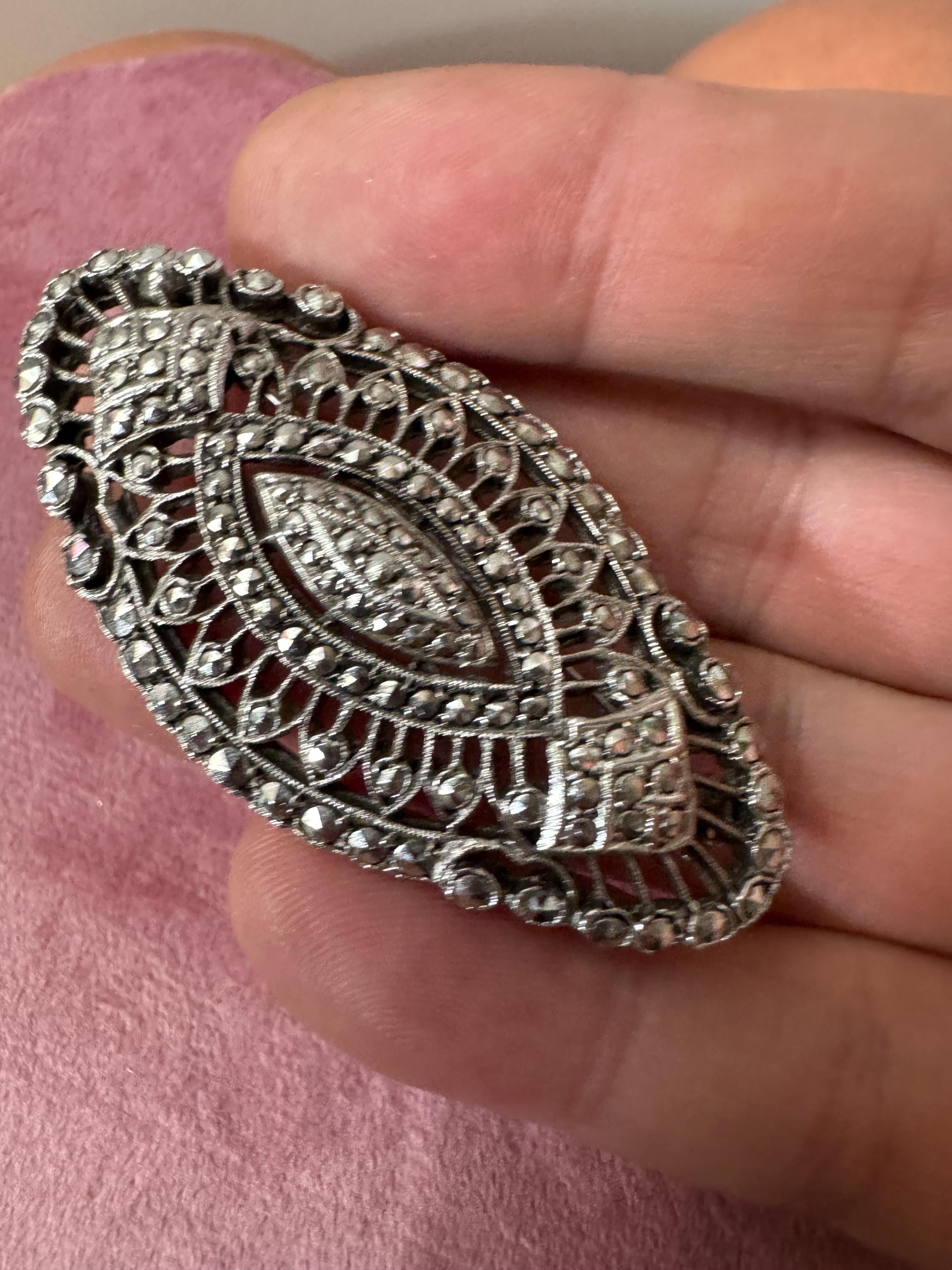 Vintage signed KIGU large brooch silver tone marcasite, mid century designer
