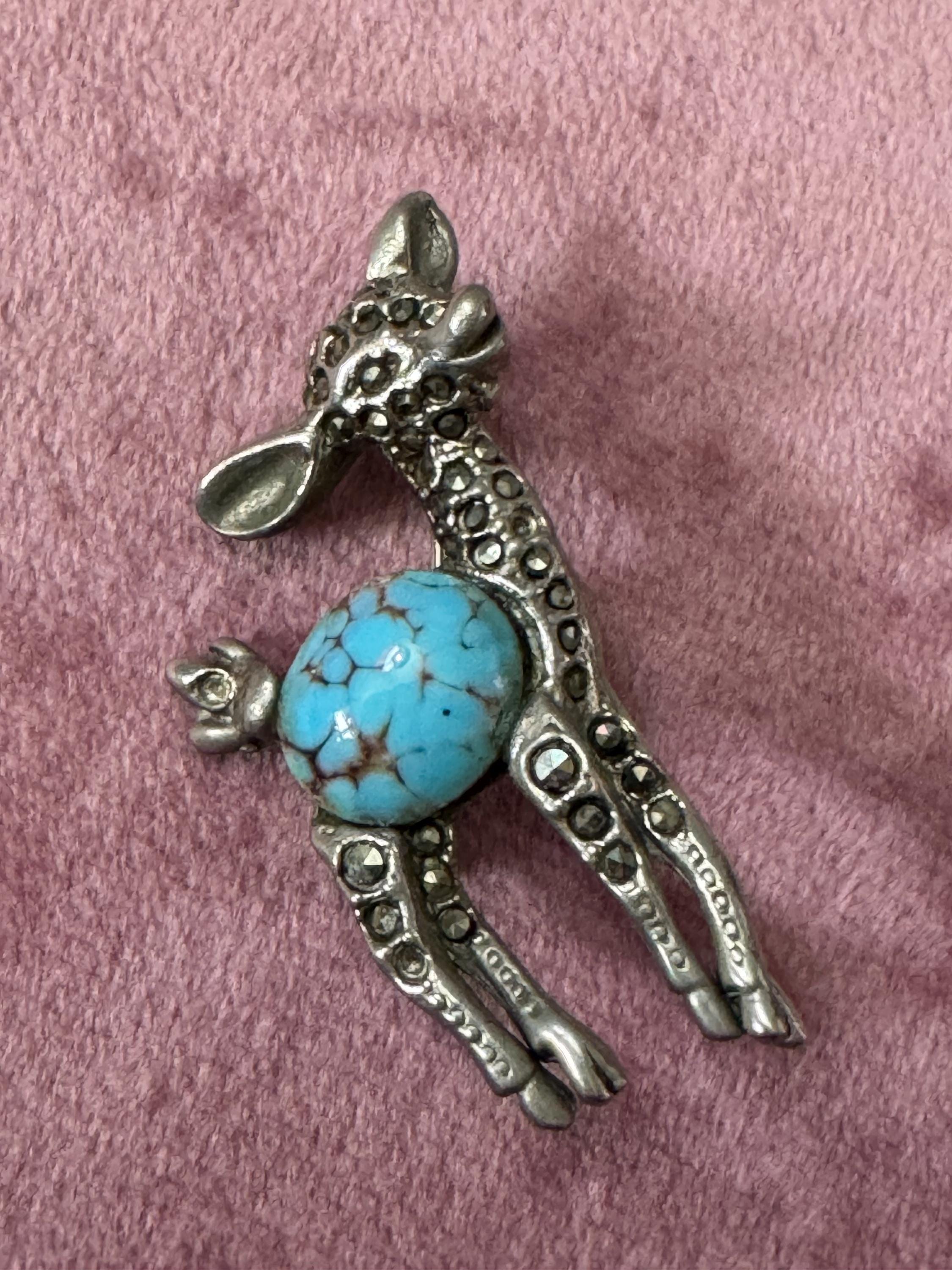 Vintage Marcasite Deer Brooch: Turquoise Cabochon, Chrome Back - 1950s
