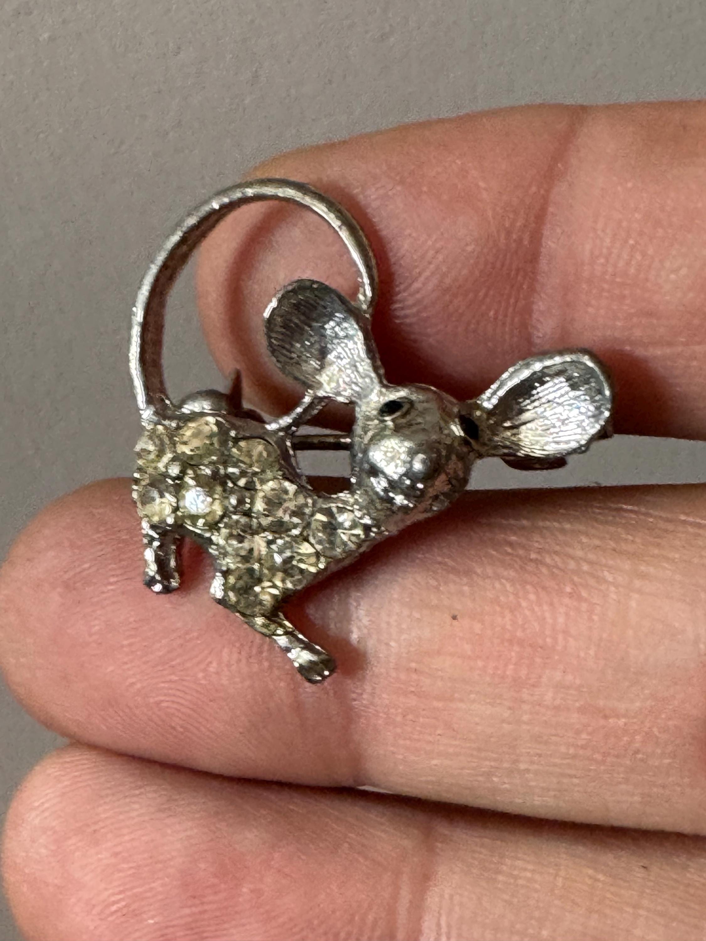 Novelty vintage small mouse brooch silver tone with clear diamanté