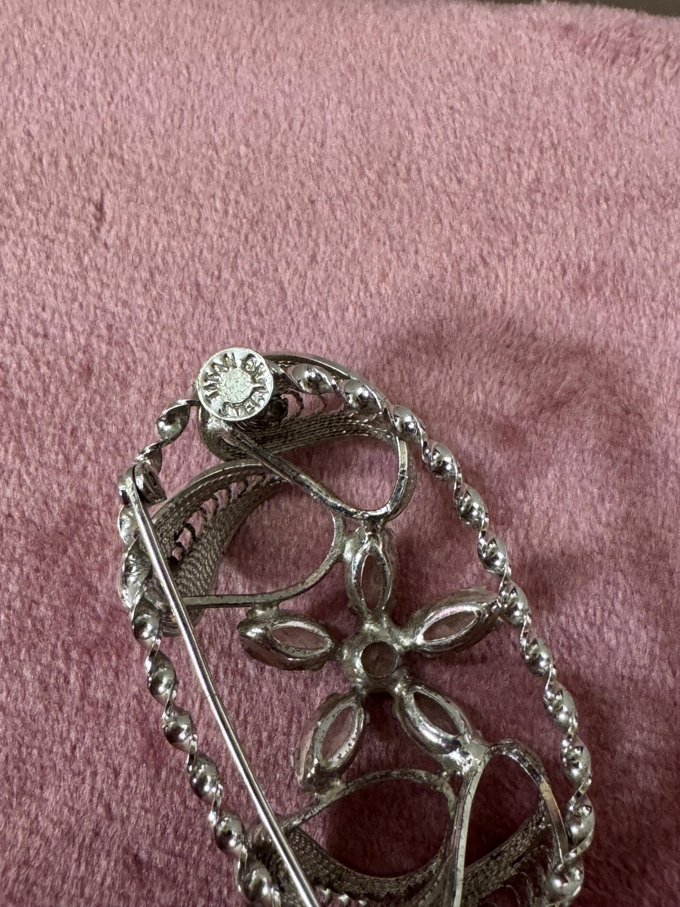 Vintage signed Sterling silver filigree clear diamanté floral brooch