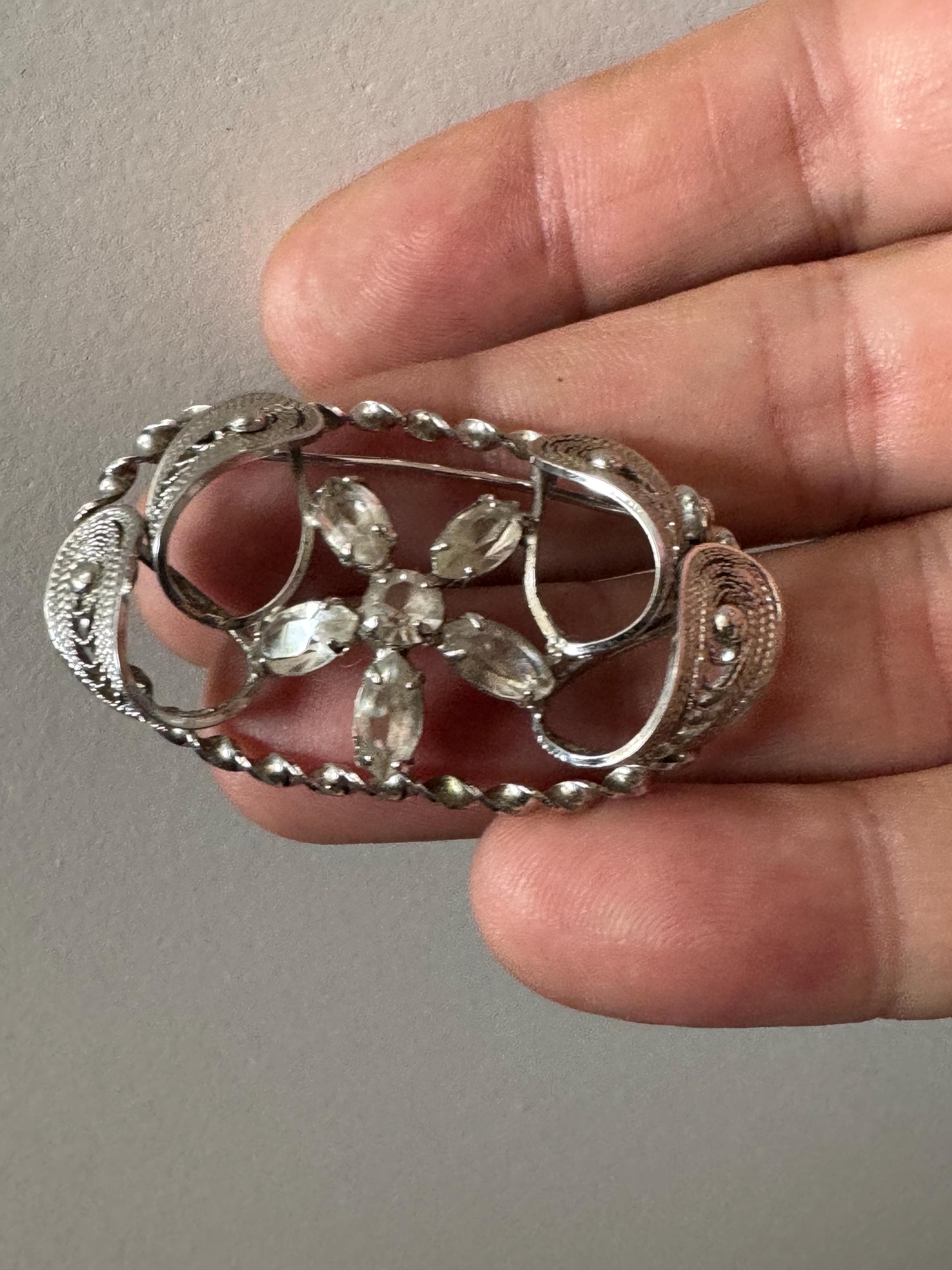 Vintage signed Sterling silver filigree clear diamanté floral brooch