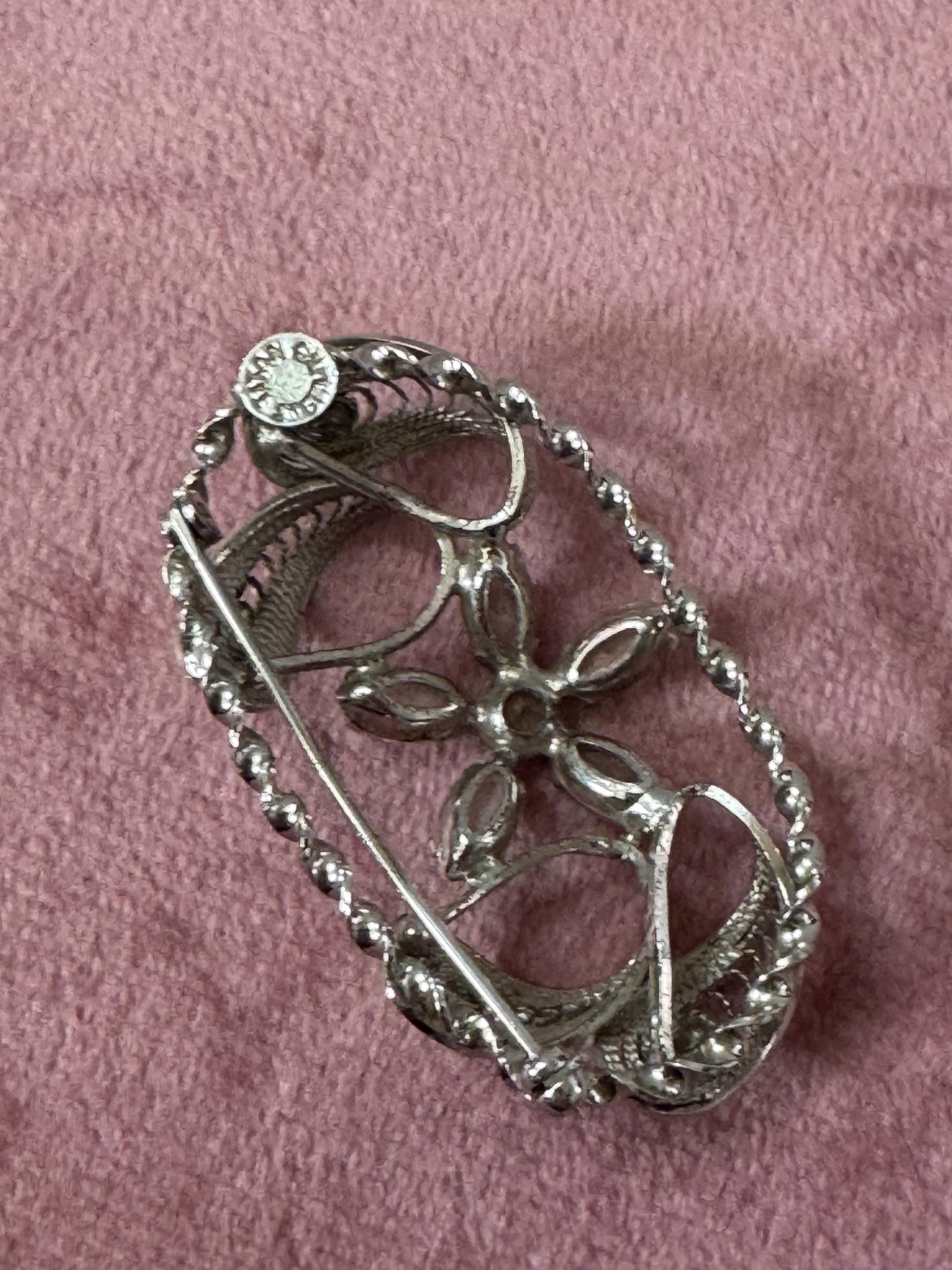 Vintage signed Sterling silver filigree clear diamanté floral brooch