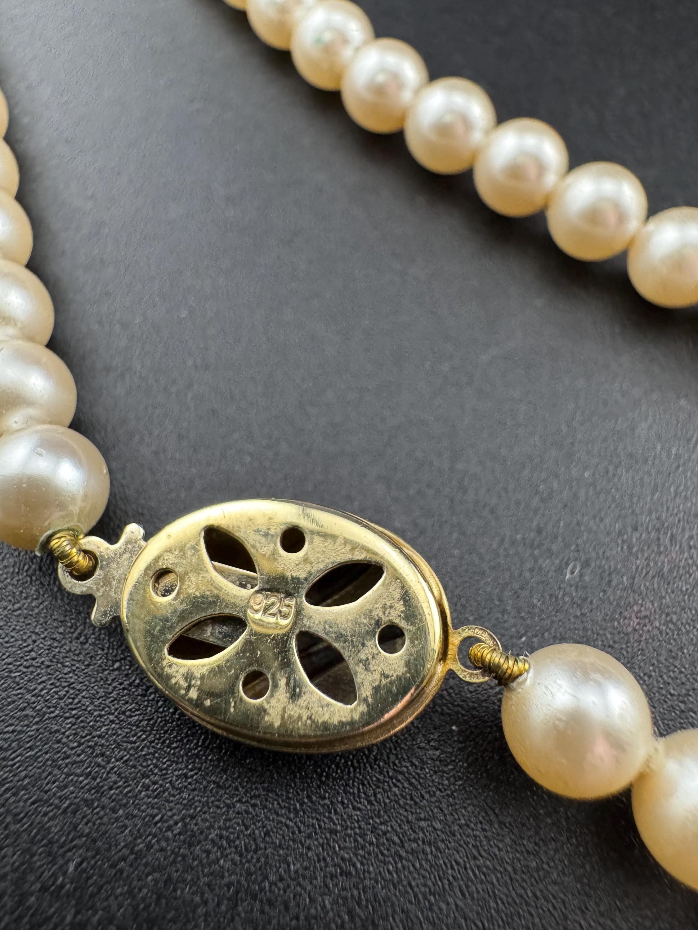Vintage Cream Glass Pearl Necklace: Gold Plated Sterling Silver Clasp