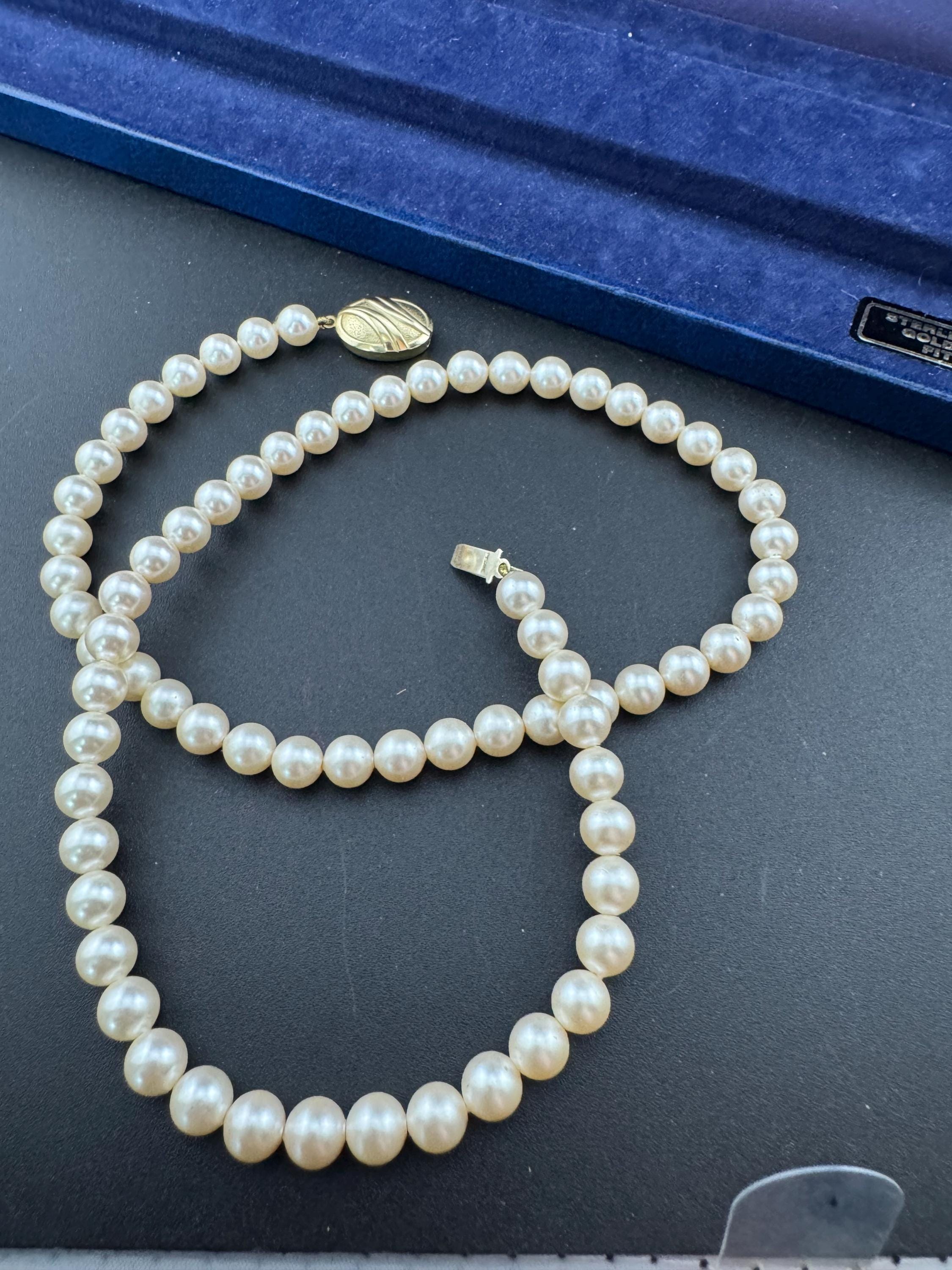Vintage Cream Glass Pearl Necklace: Gold Plated Sterling Silver Clasp