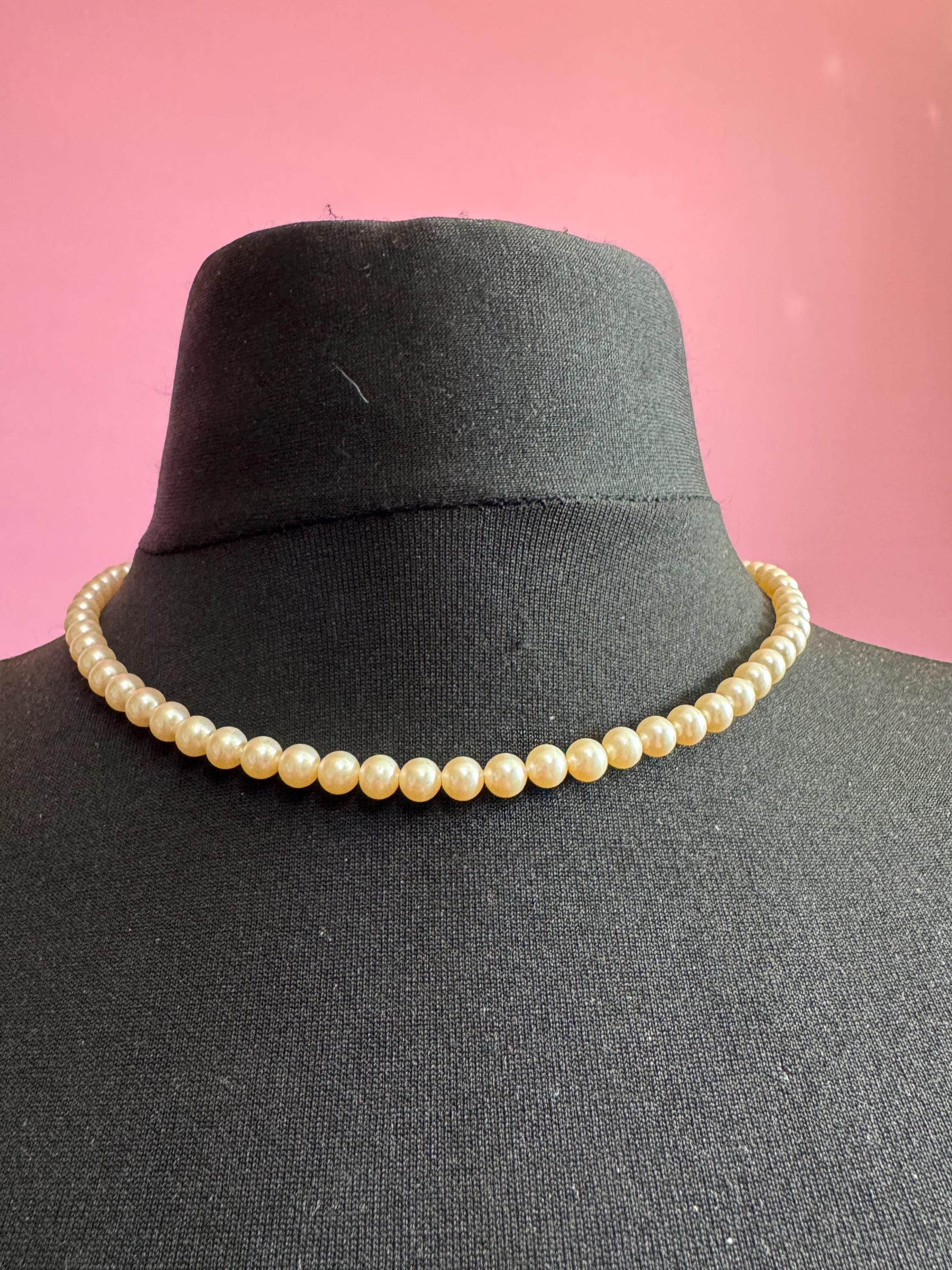 Vintage Cream Glass Pearl Necklace: Gold Plated Sterling Silver Clasp