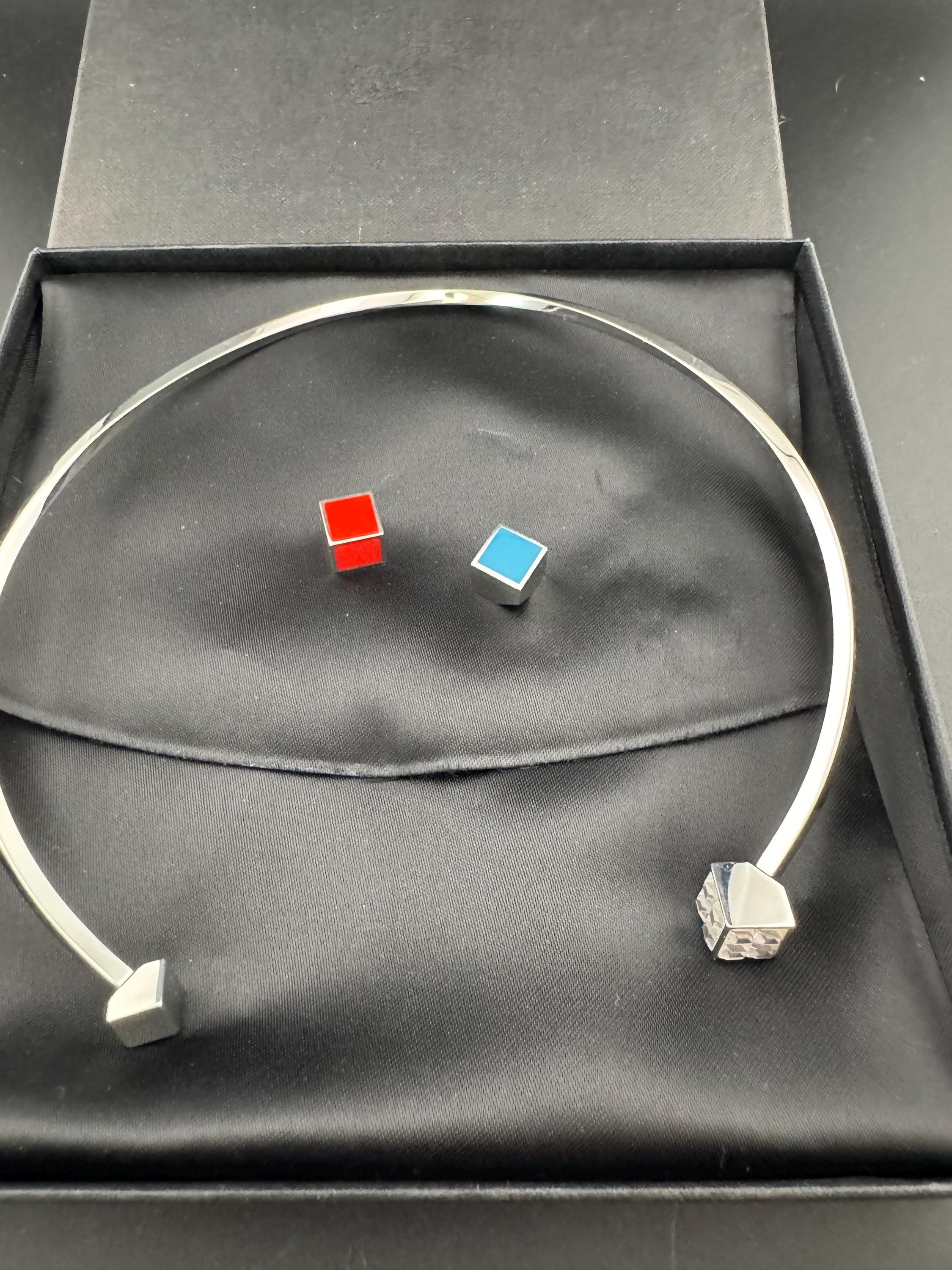 Retro SWATCH Choker Necklace: Silver Plated Torque, Enamel & Rhinestone Cubes