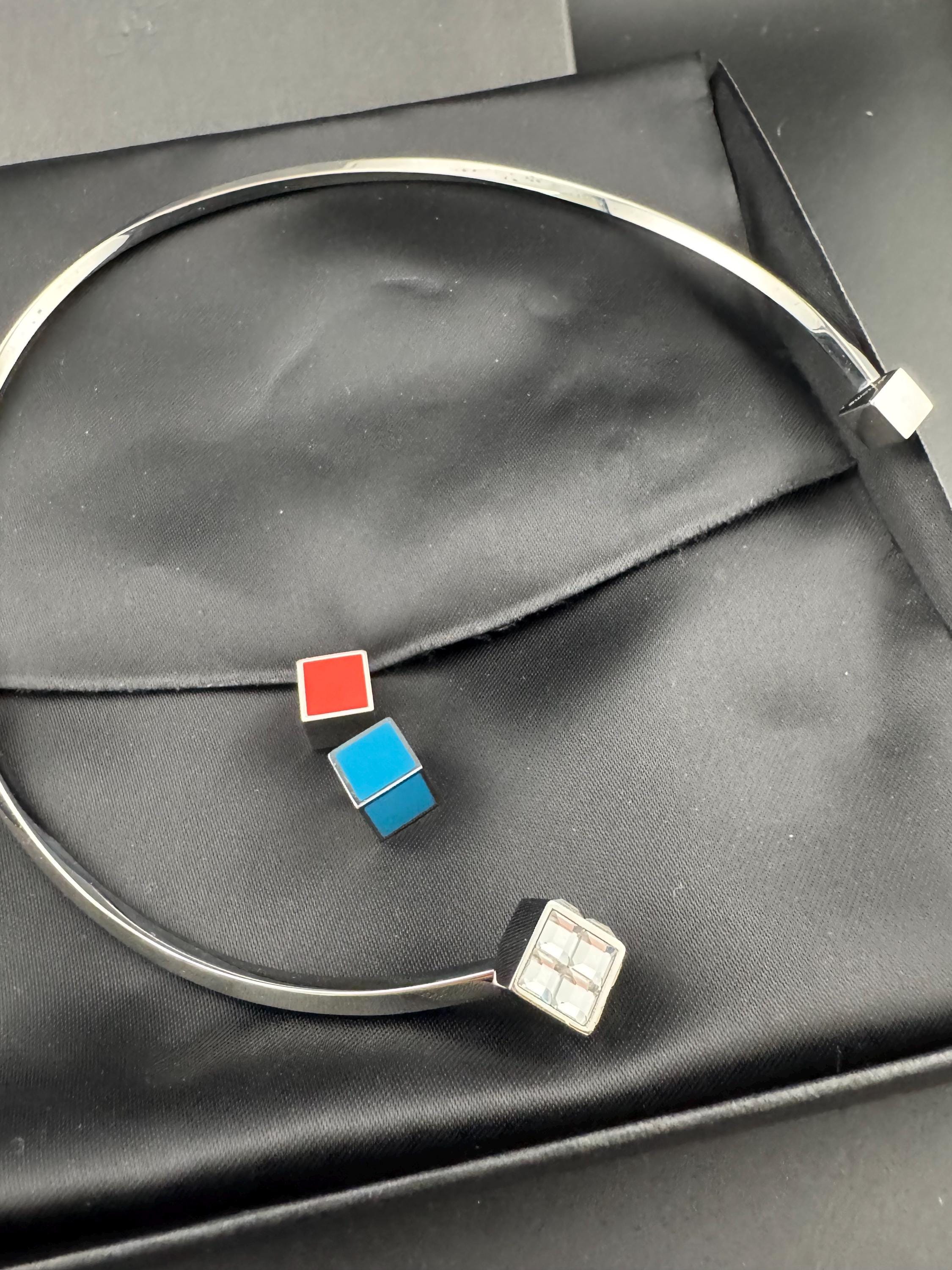 Retro SWATCH Choker Necklace: Silver Plated Torque, Enamel & Rhinestone Cubes
