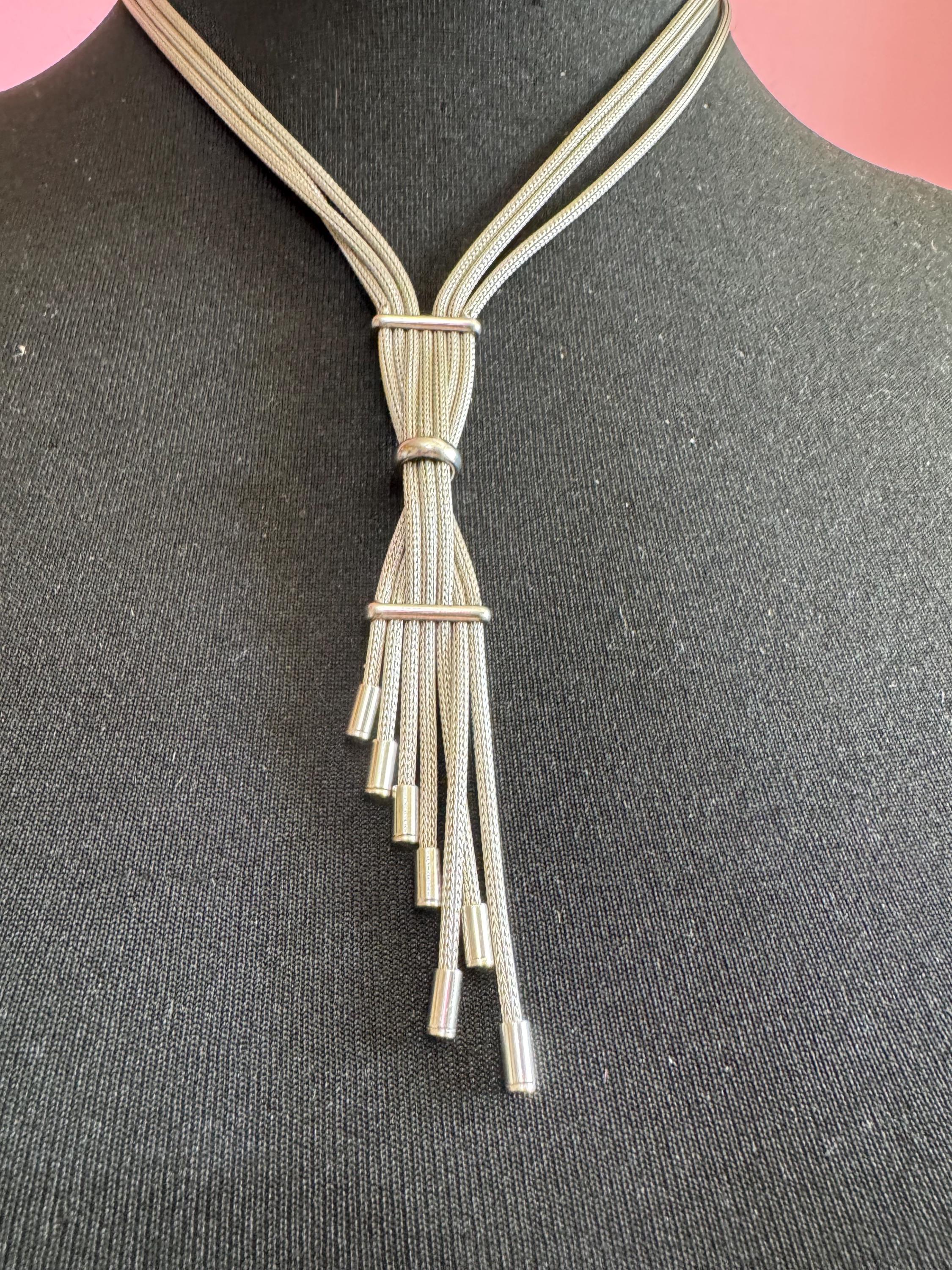 Stamped 925 sterling silver modernist woven mesh tassel necklace with matching braceket and drop earrings jewellery set