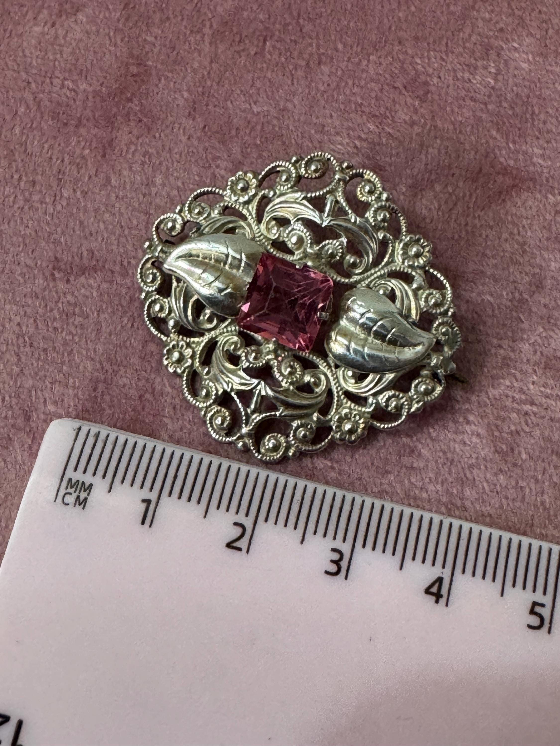 Vintage sweet czech stamped metal filigree silver tone pink glass diamanté floral brooch