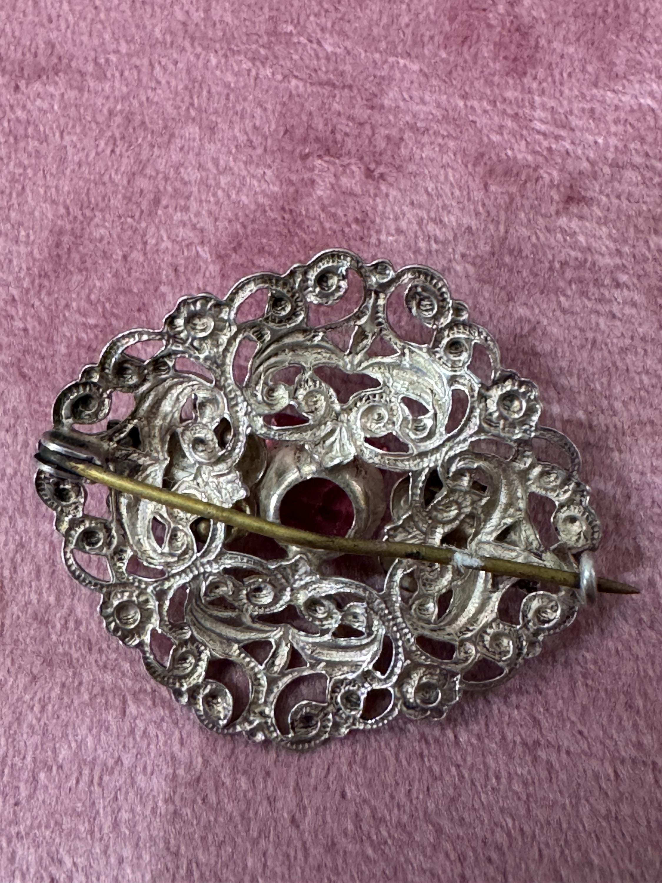 Vintage sweet czech stamped metal filigree silver tone pink glass diamanté floral brooch