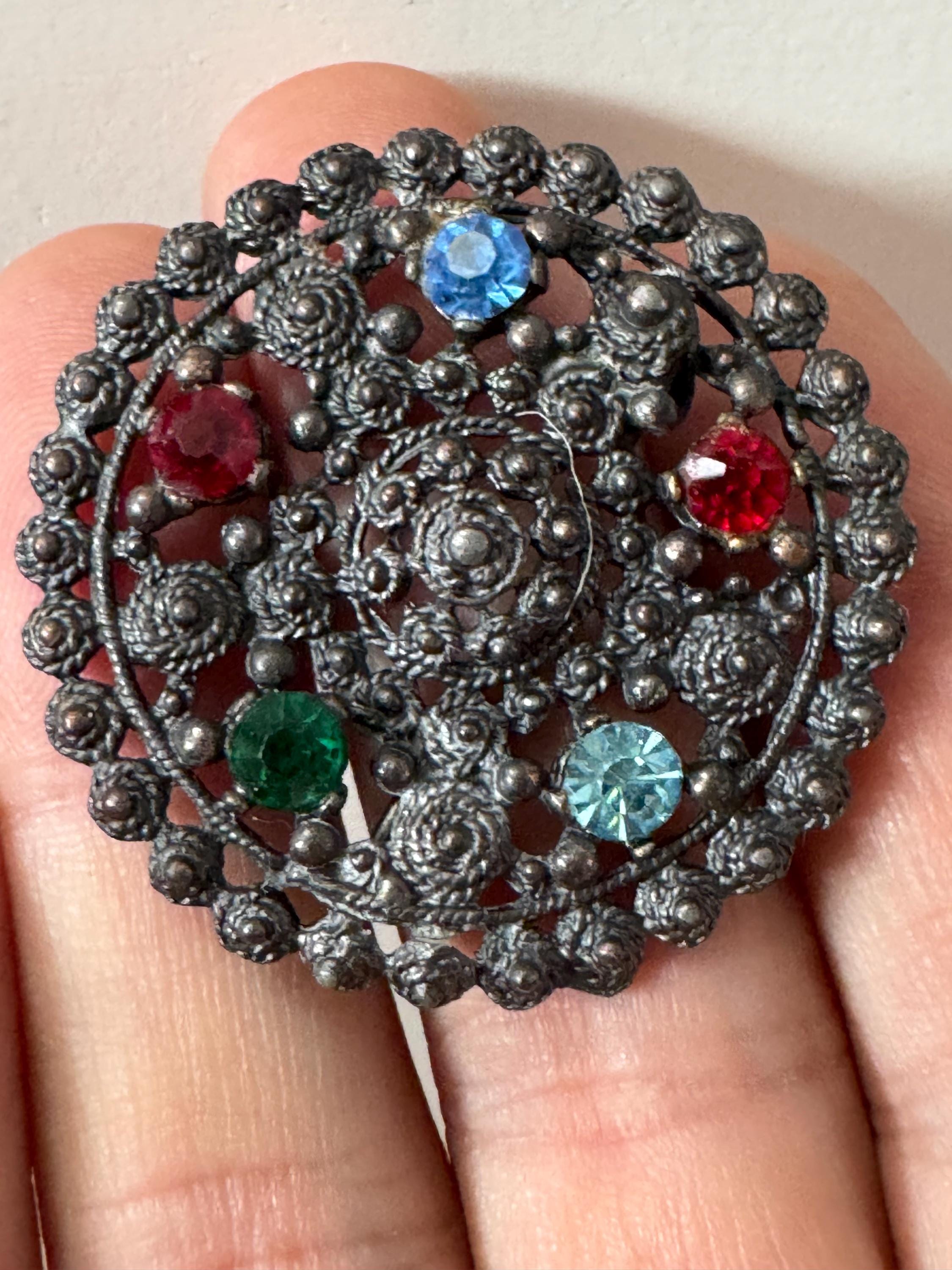 Small Czech Filigree Antique Brooch ruby sapphire Paste Rhinestone Diamanté Vintage 1920s