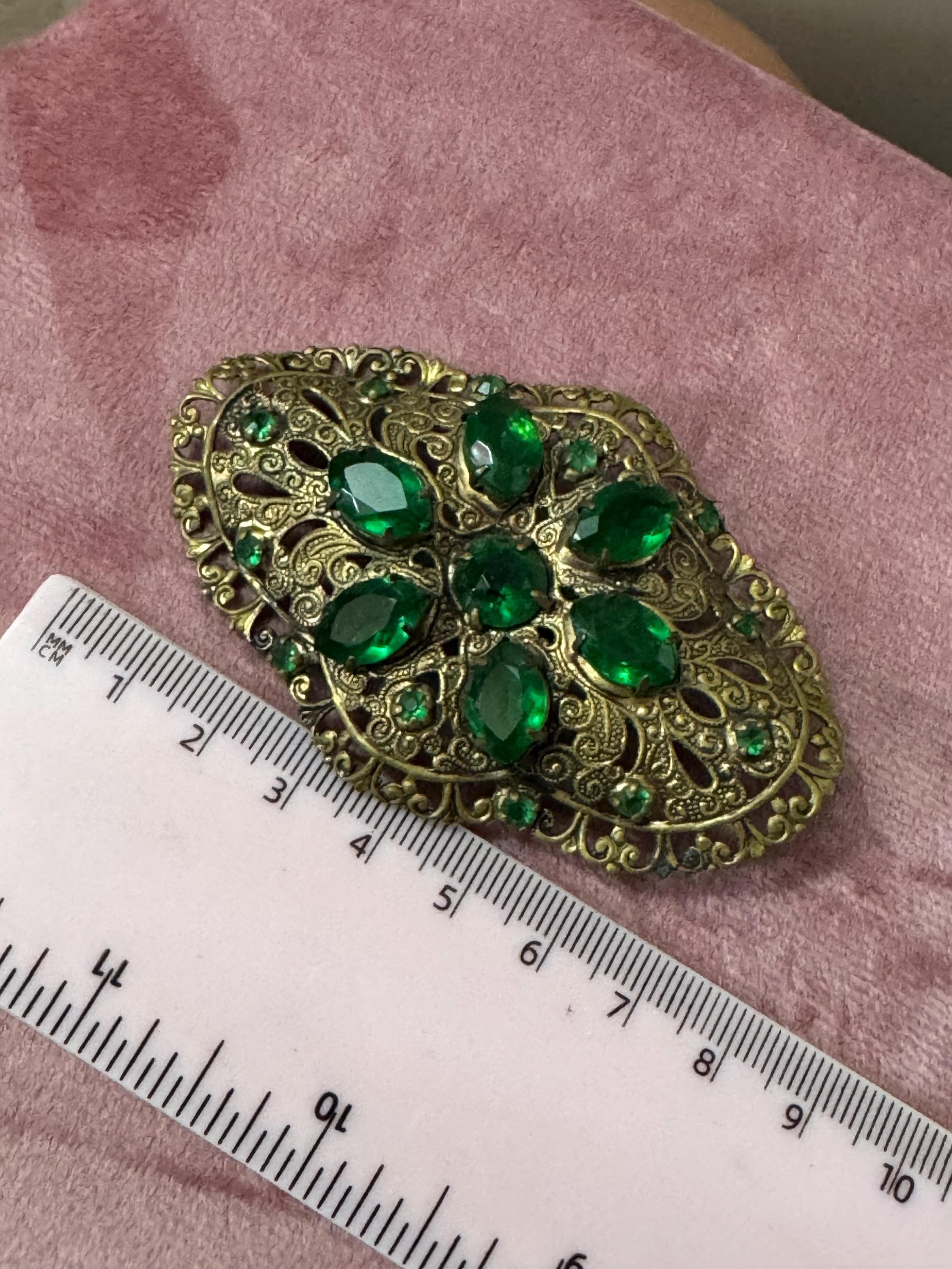 Oversized 8cm Czech brass filigree emerald green rhinestone paste antique brooch Art Deco