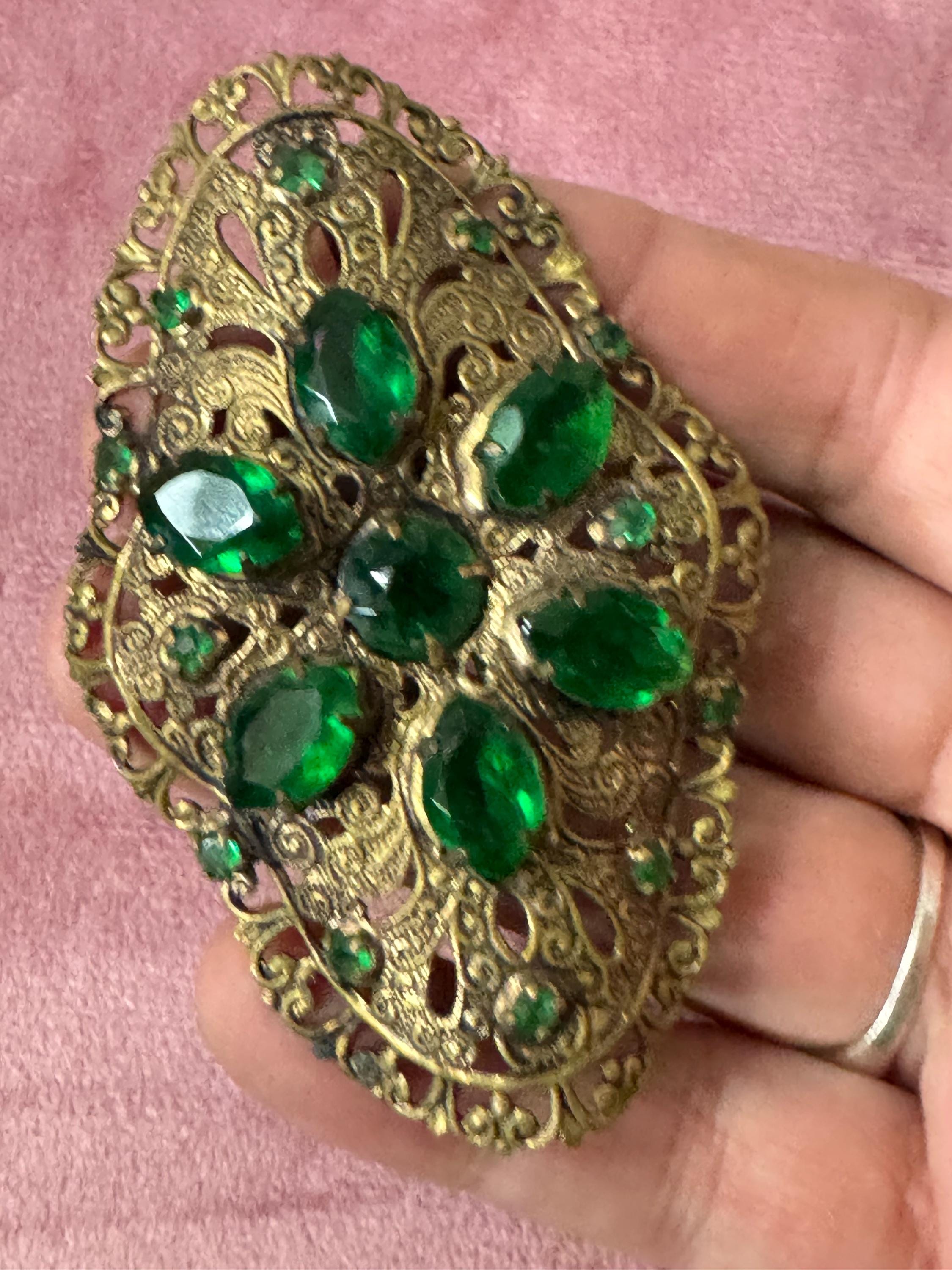 Oversized 8cm Czech brass filigree emerald green rhinestone paste antique brooch Art Deco