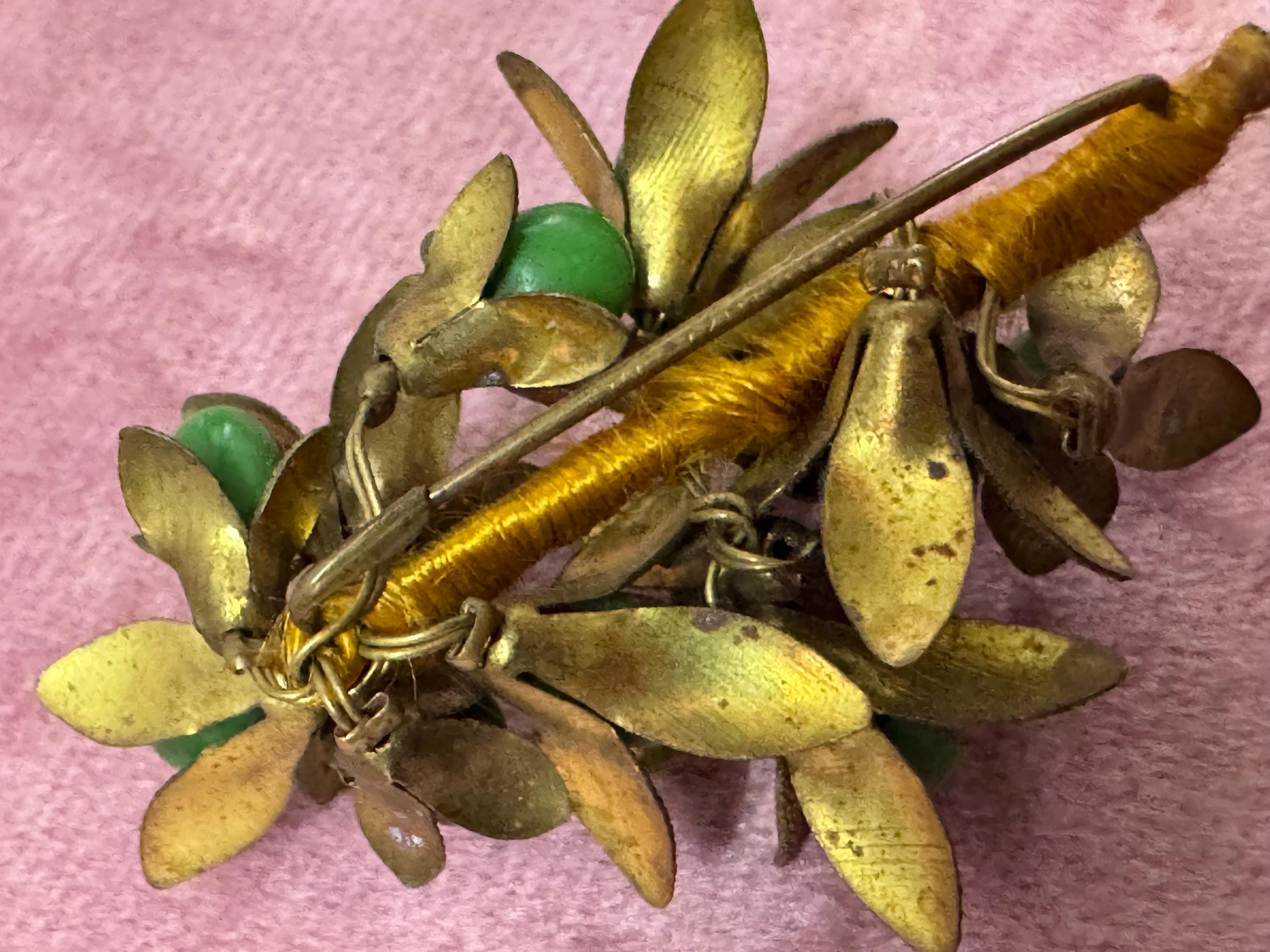 Antique Czech brass filigree bright green cabochons berry brooch Art Deco