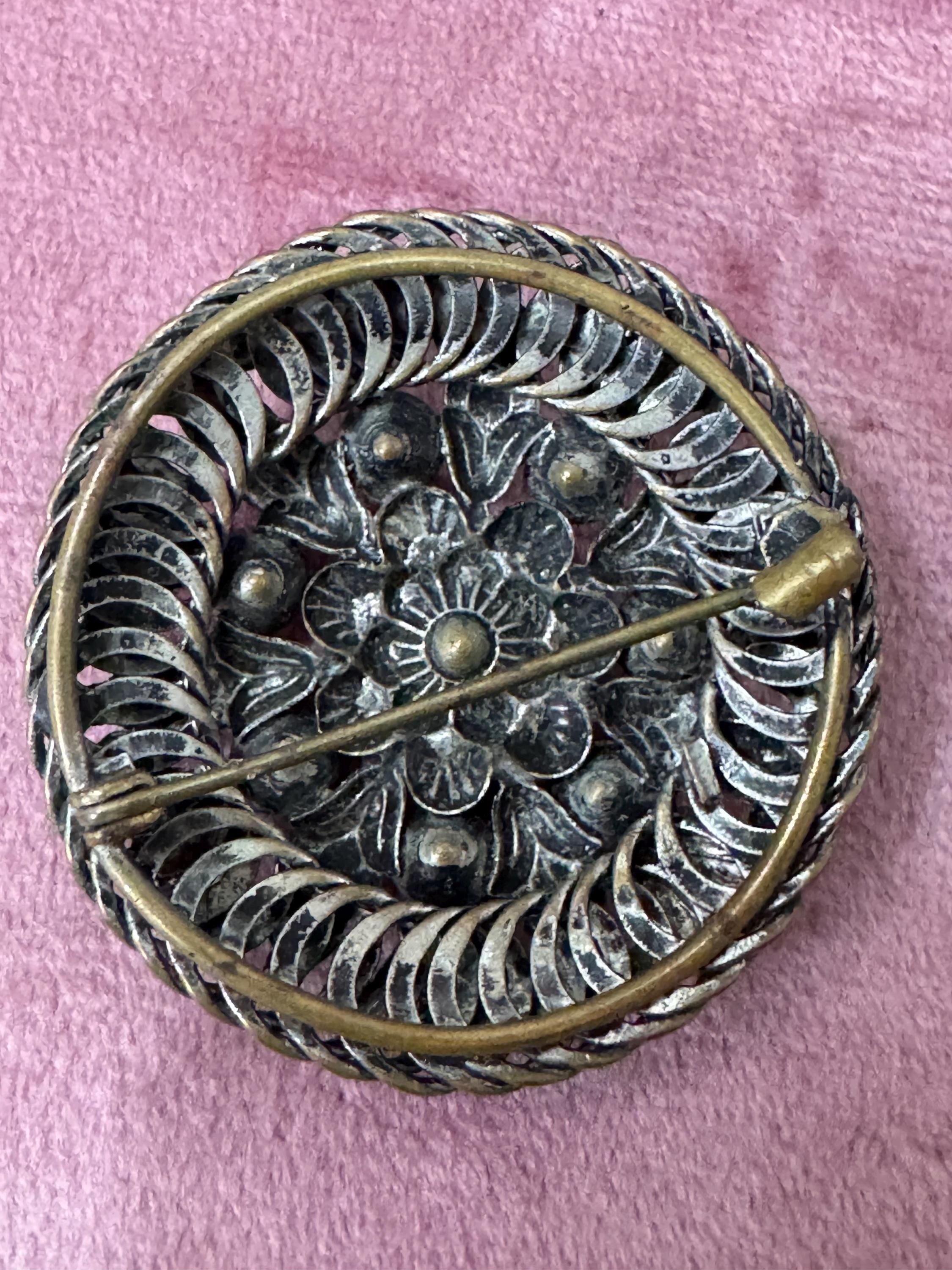 Art Deco Czech Brass Brooch: Enamel Leaf, Faux Coral Cabochons