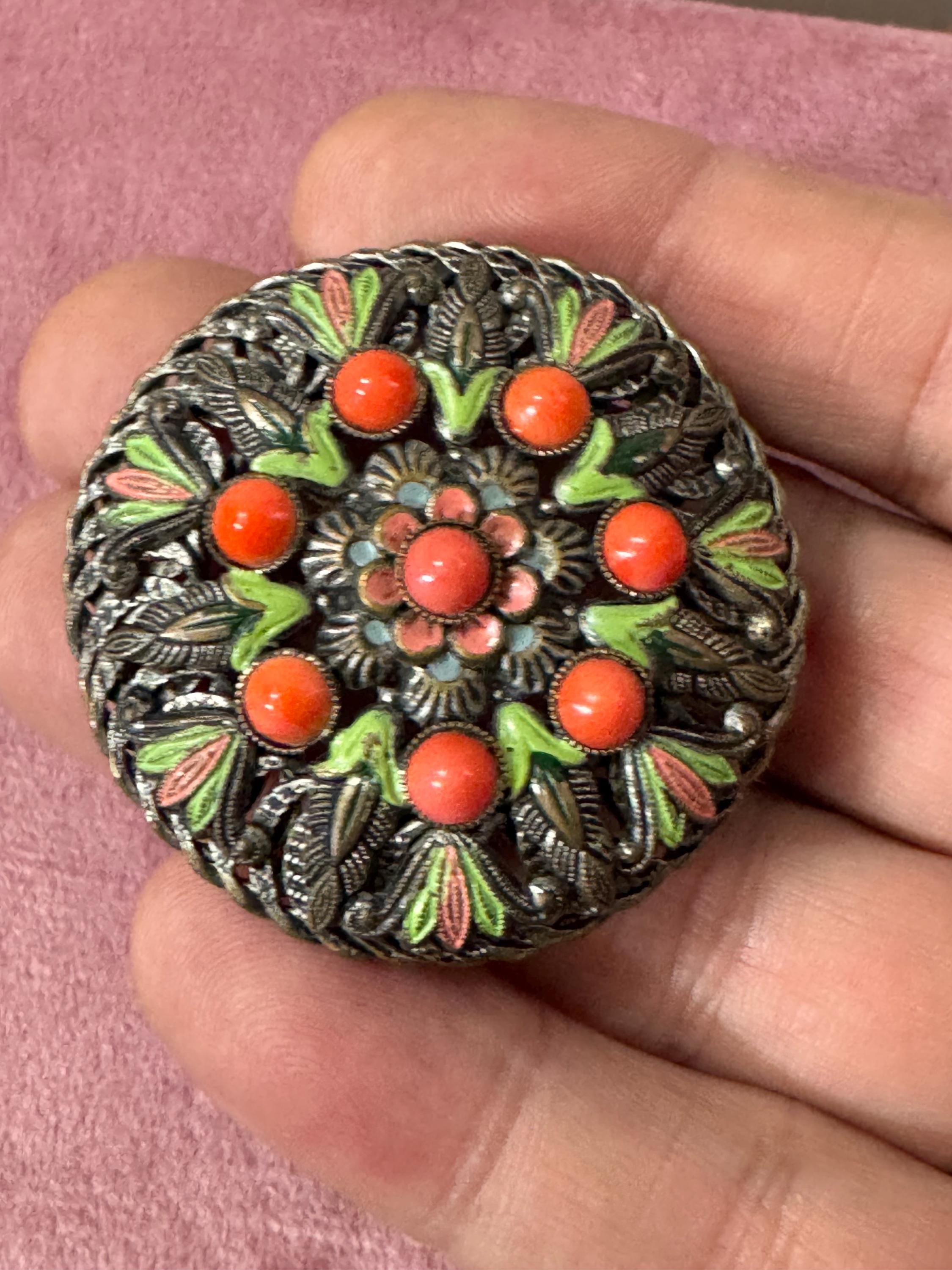 Art Deco Czech Brass Brooch: Enamel Leaf, Faux Coral Cabochons