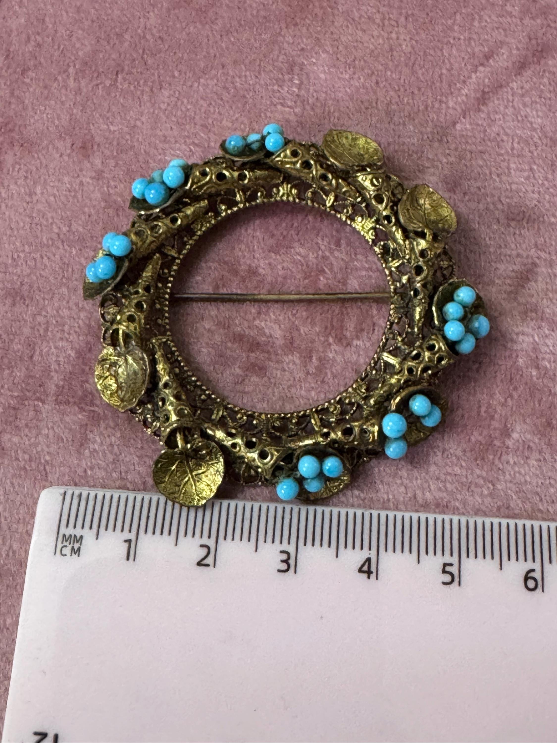 Art Deco 5cm Czech brass filigree wreath brooch turquoise blue cabochons Gold 1940s