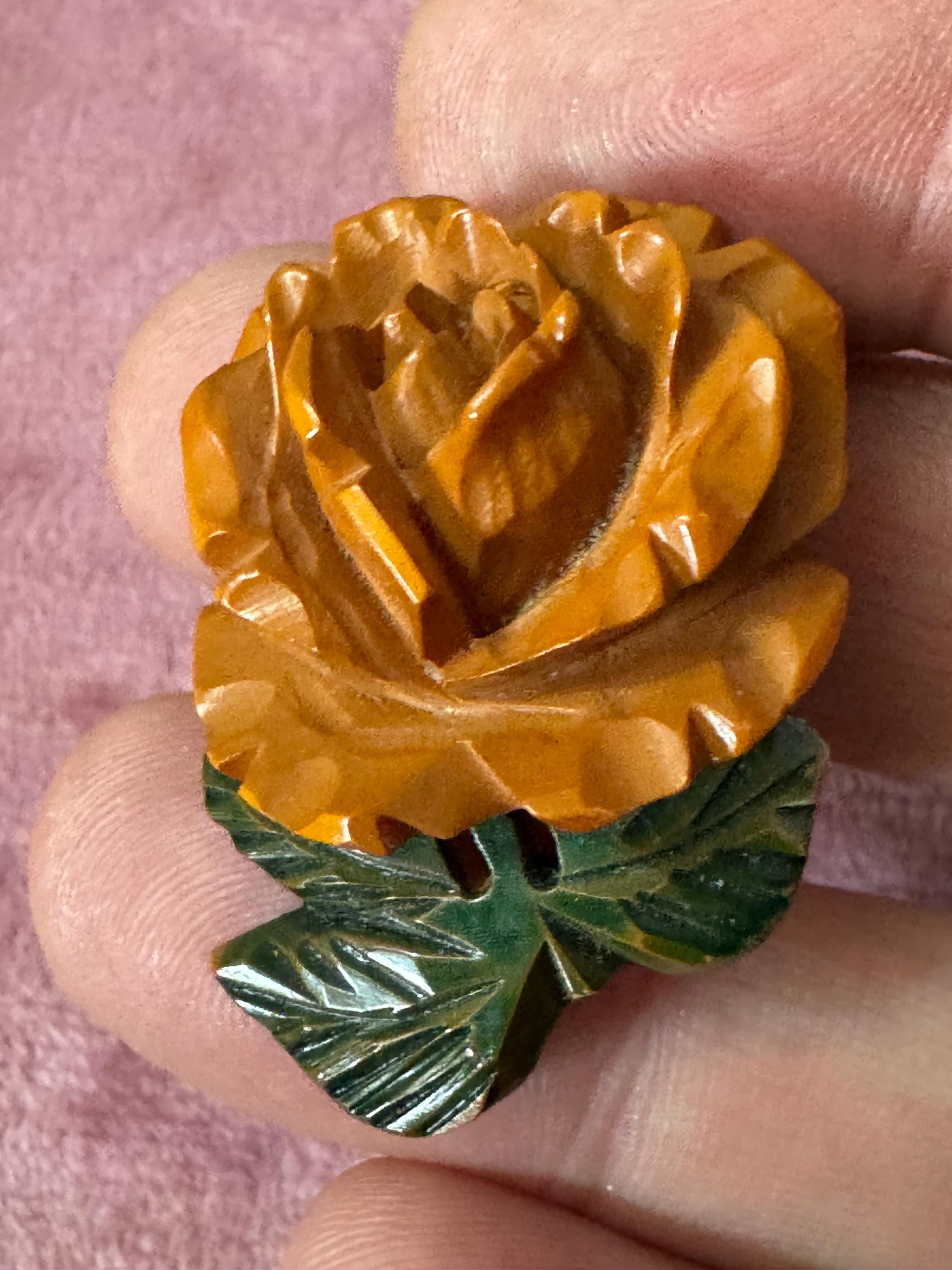 Vintage Bakelite Orange green floral rose brooch early plastic Art Deco